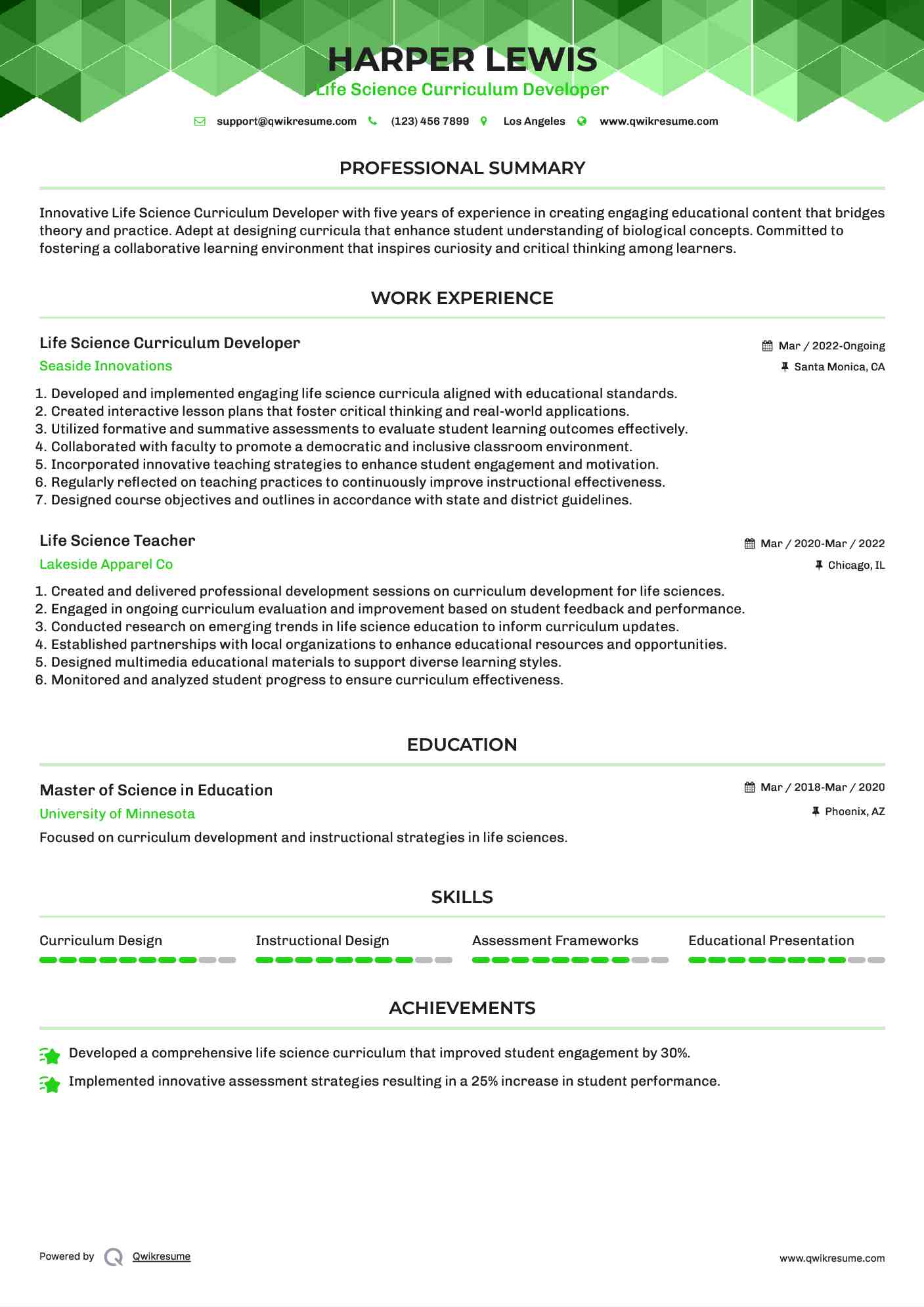 Life Science Curriculum Developer Resume Template