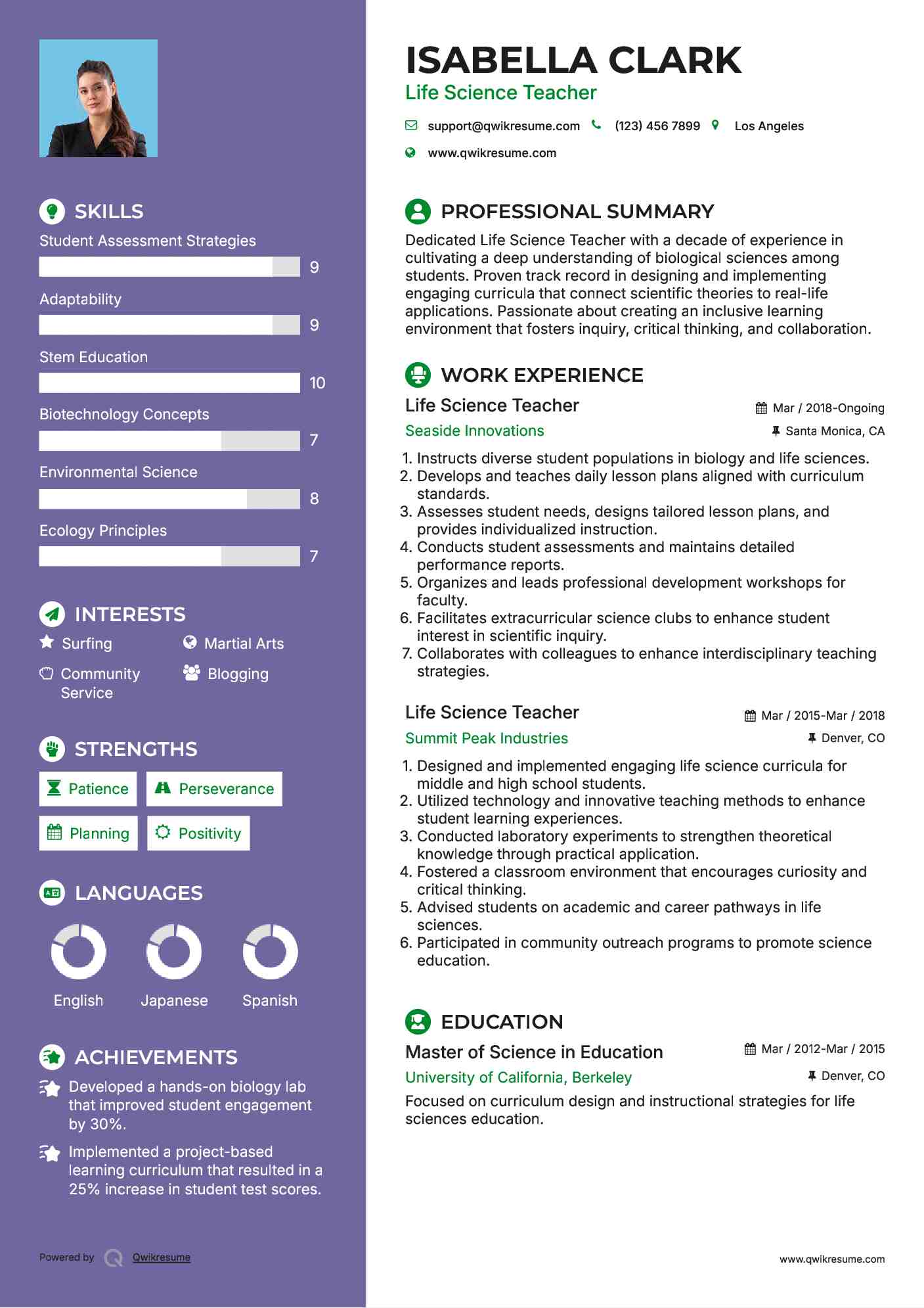 Life Science Teacher Resume Sample