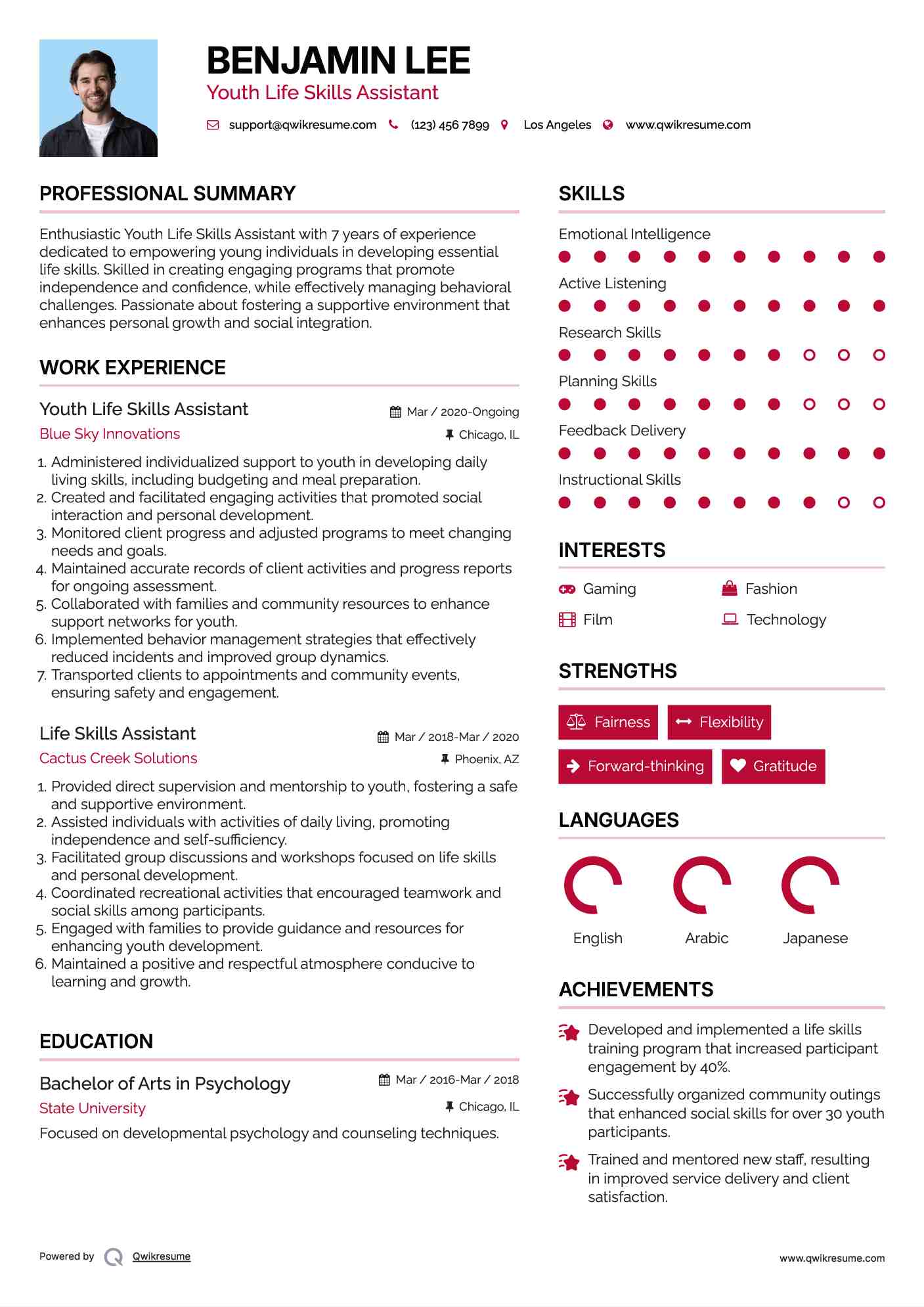 Youth Life Skills Assistant Resume Sample