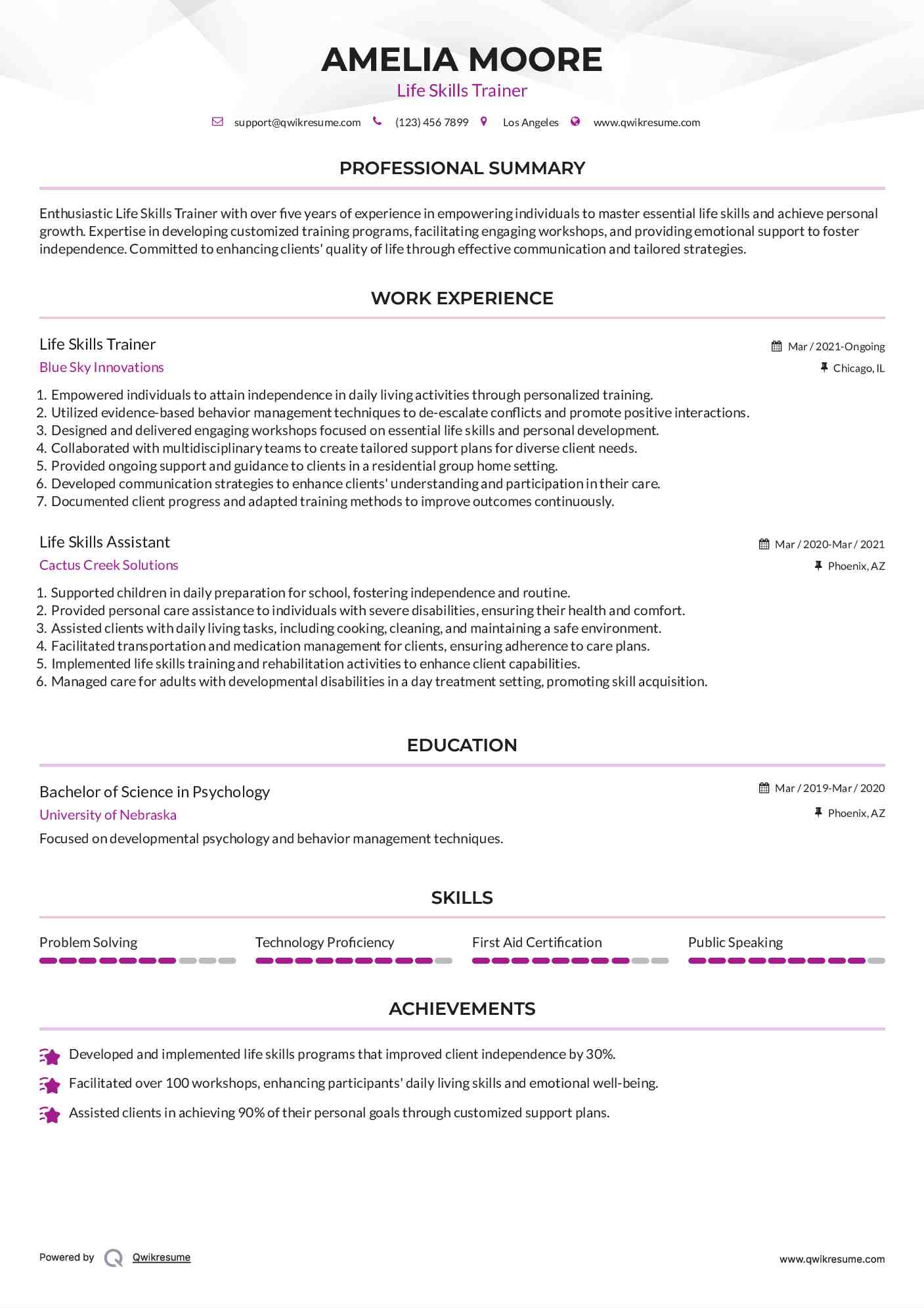 Life Skills Trainer Resume Template