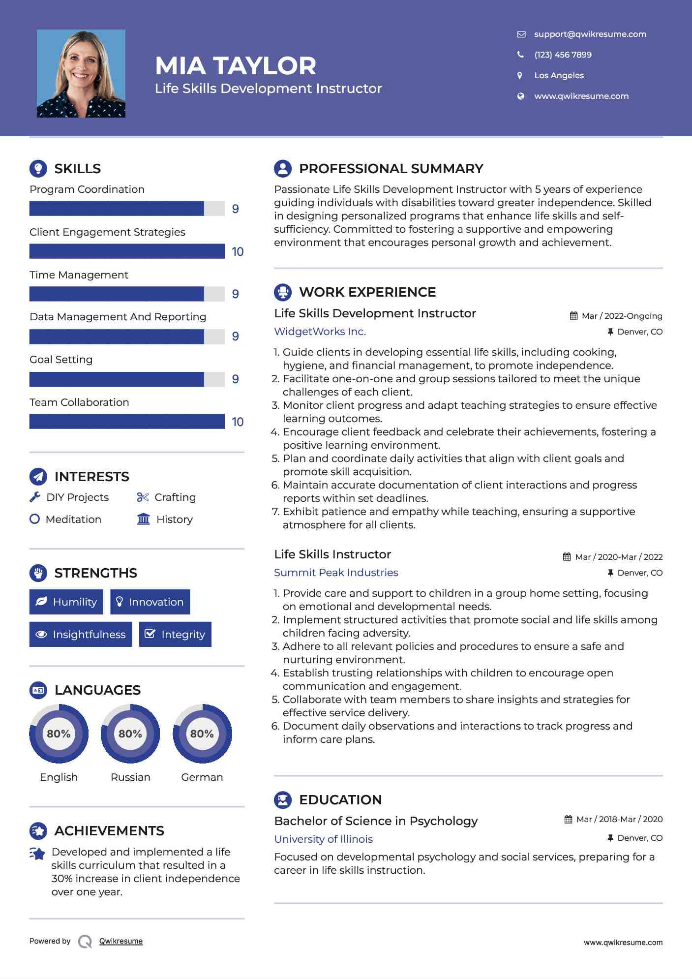 Life Skills Development Instructor Resume Example
