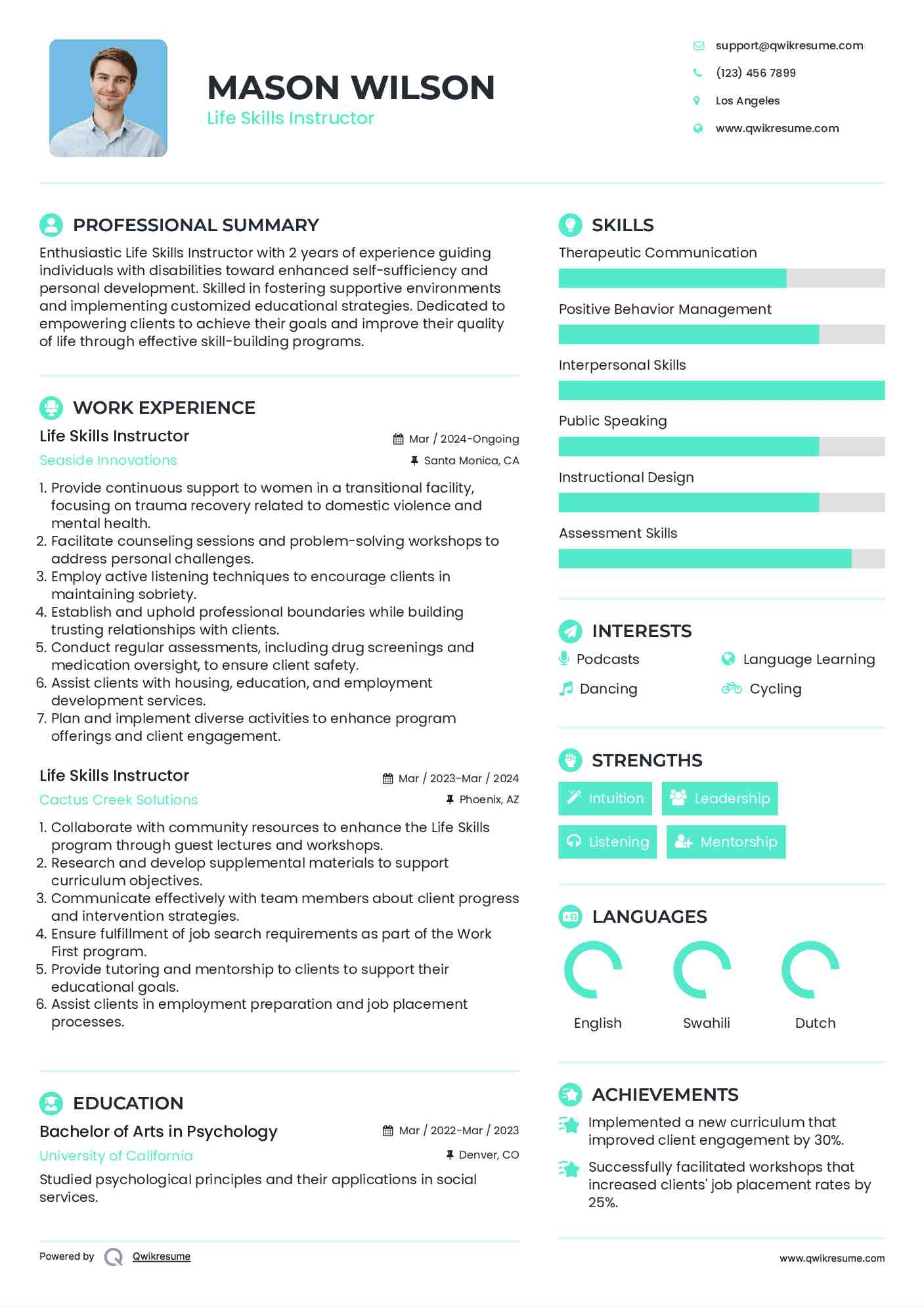 Life Skills Instructor Resume Example