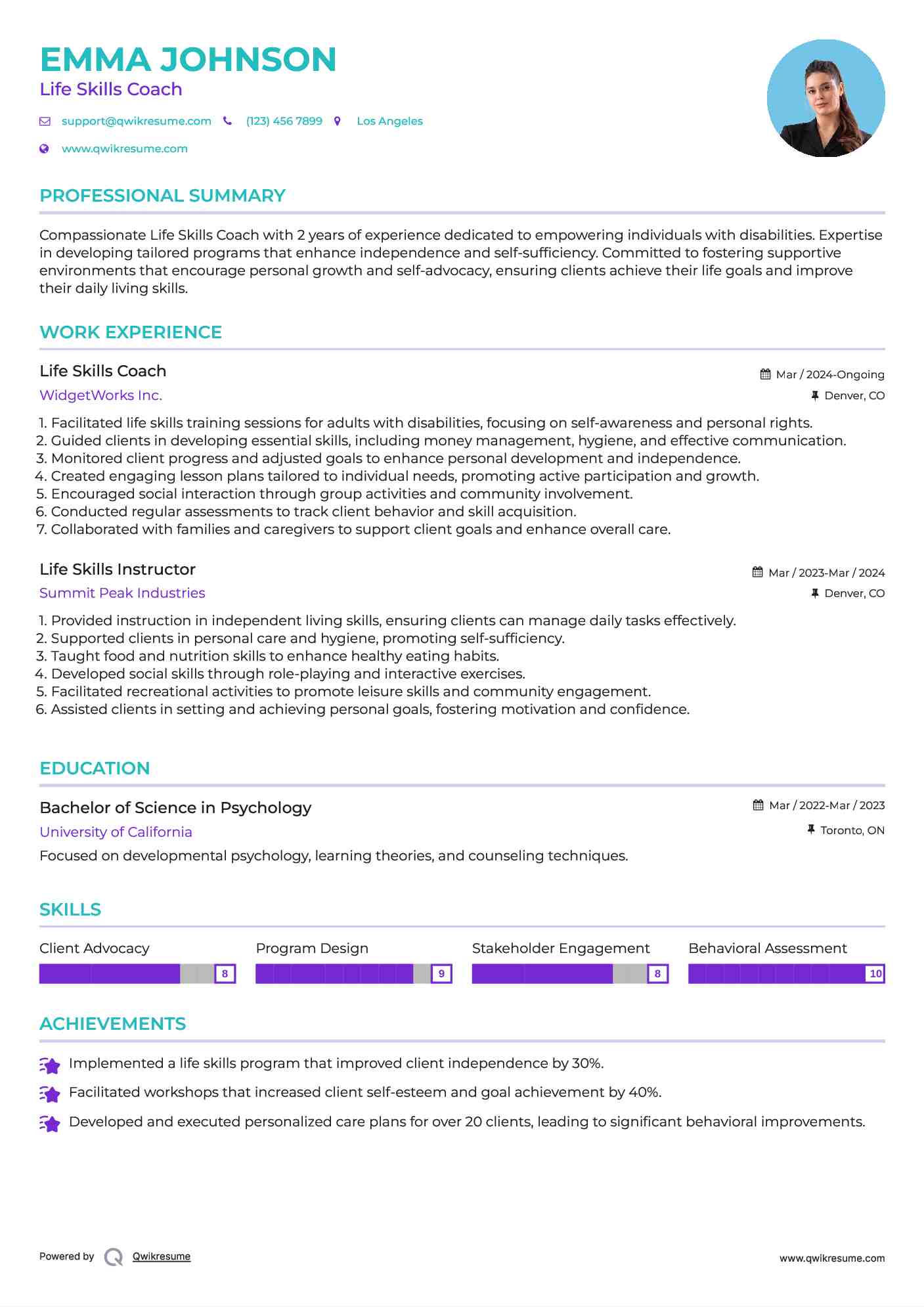 Life Skills Coach Resume Sample