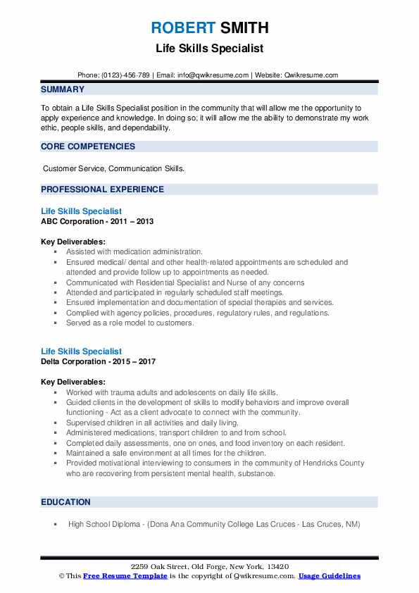 Life Skills Specialist Resume Samples QwikResume