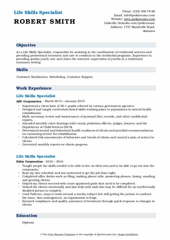 Life Skills Specialist Resume Samples QwikResume