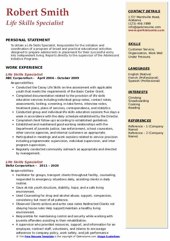 Life Skills Specialist Resume Samples QwikResume