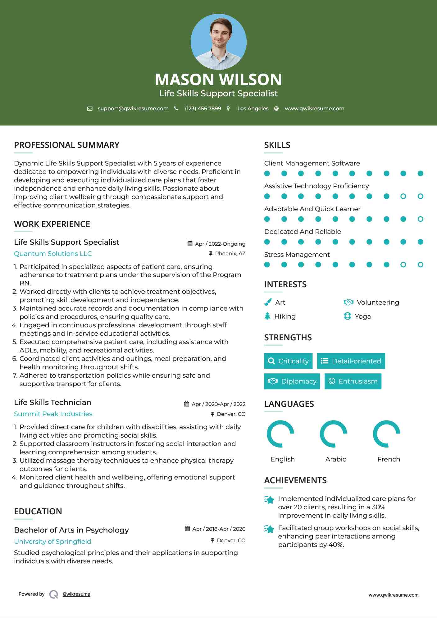 Life Skills Support Specialist Resume Example