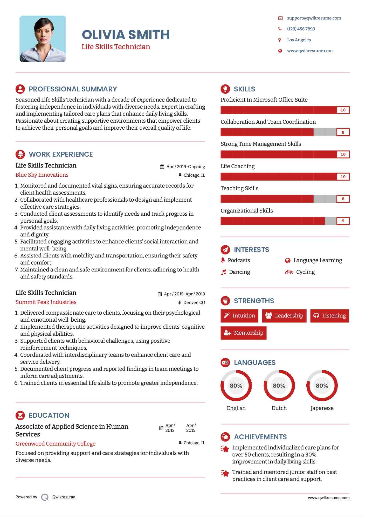 Life Skills Technician Resume Sample