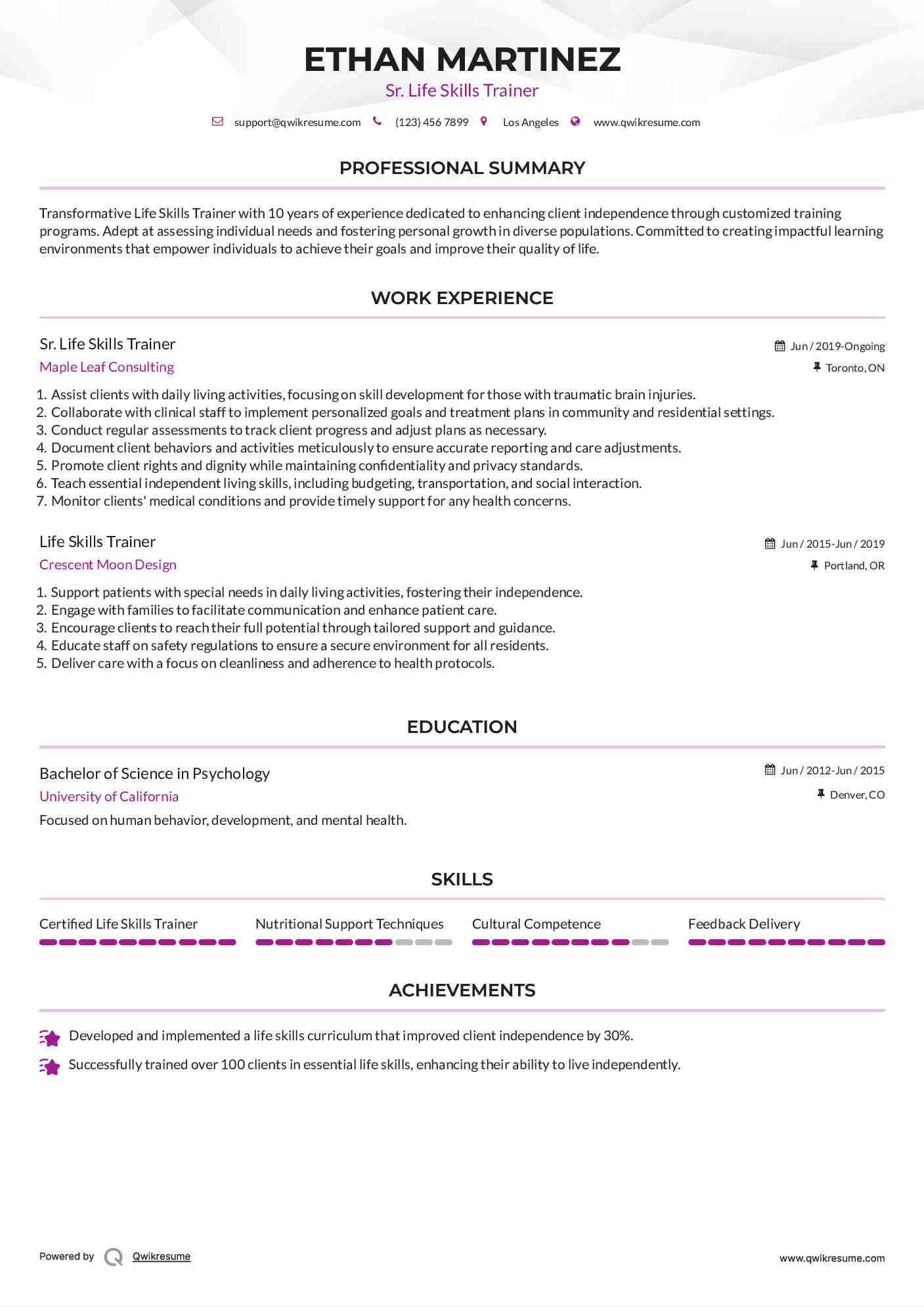 Sr. Life Skills Trainer Resume Example