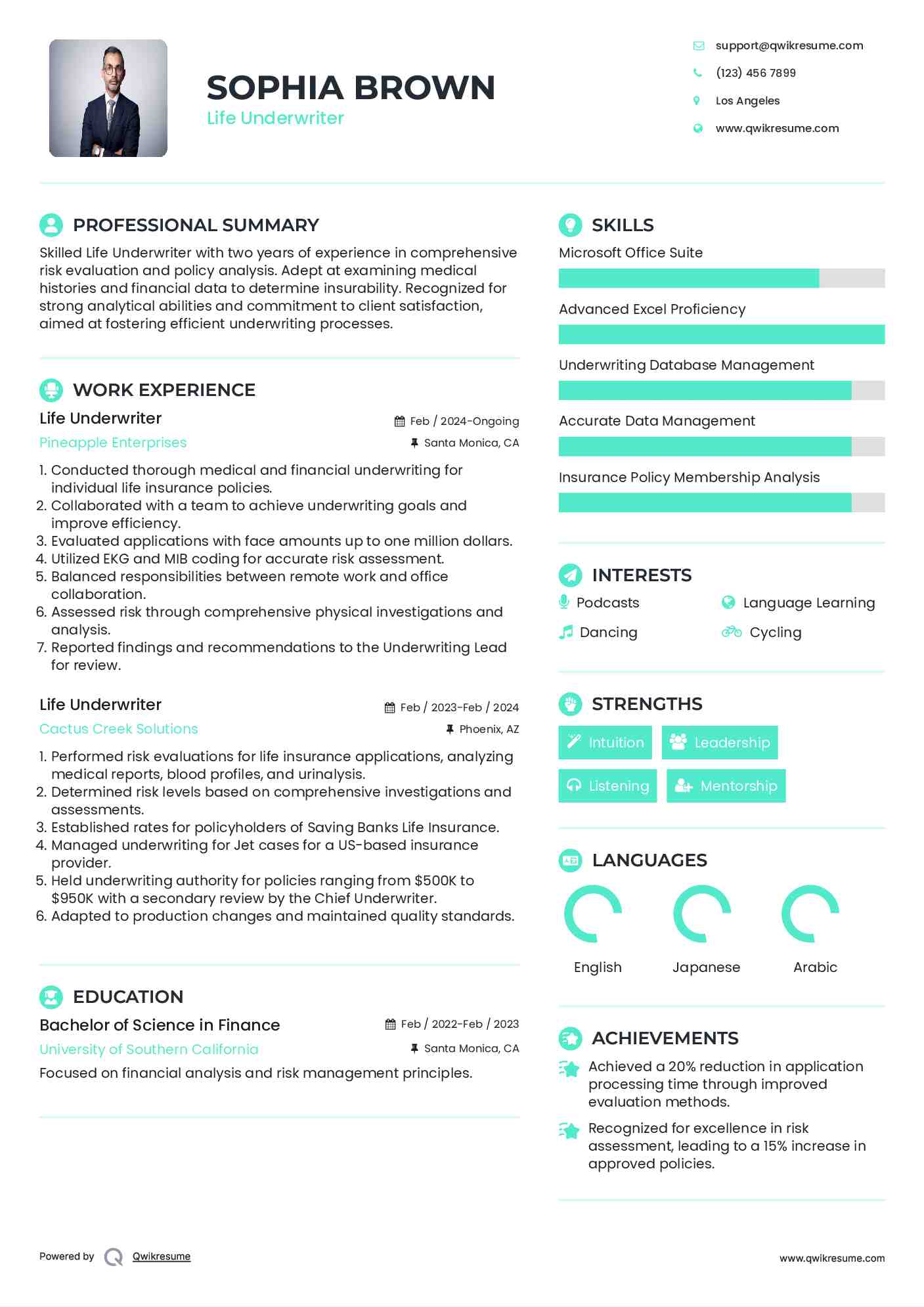 Life Underwriter Resume Sample