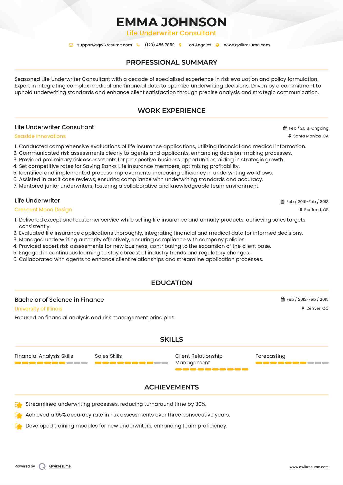 Life Underwriter Consultant Resume Template