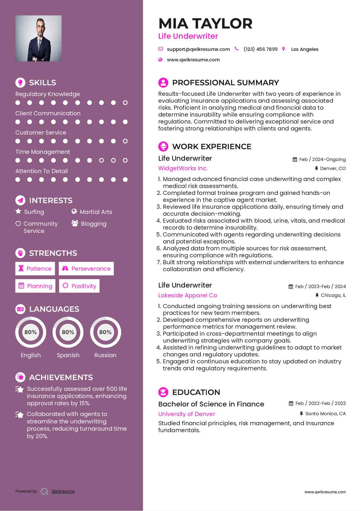 Life Underwriter Resume Template