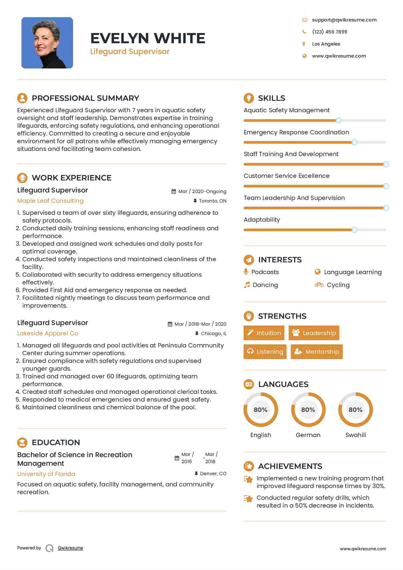 Lifeguard Supervisor Resume Template