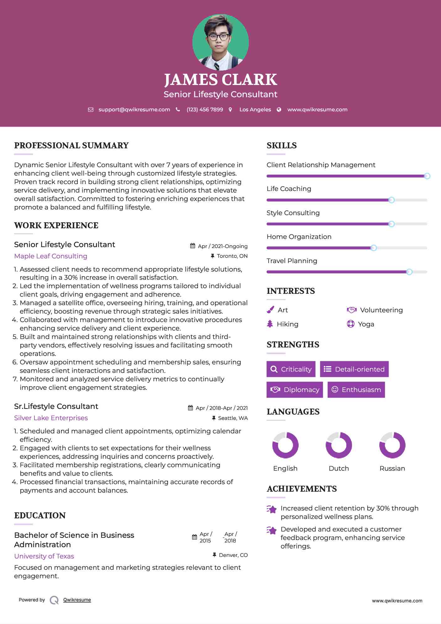 Senior Lifestyle Consultant Resume Model