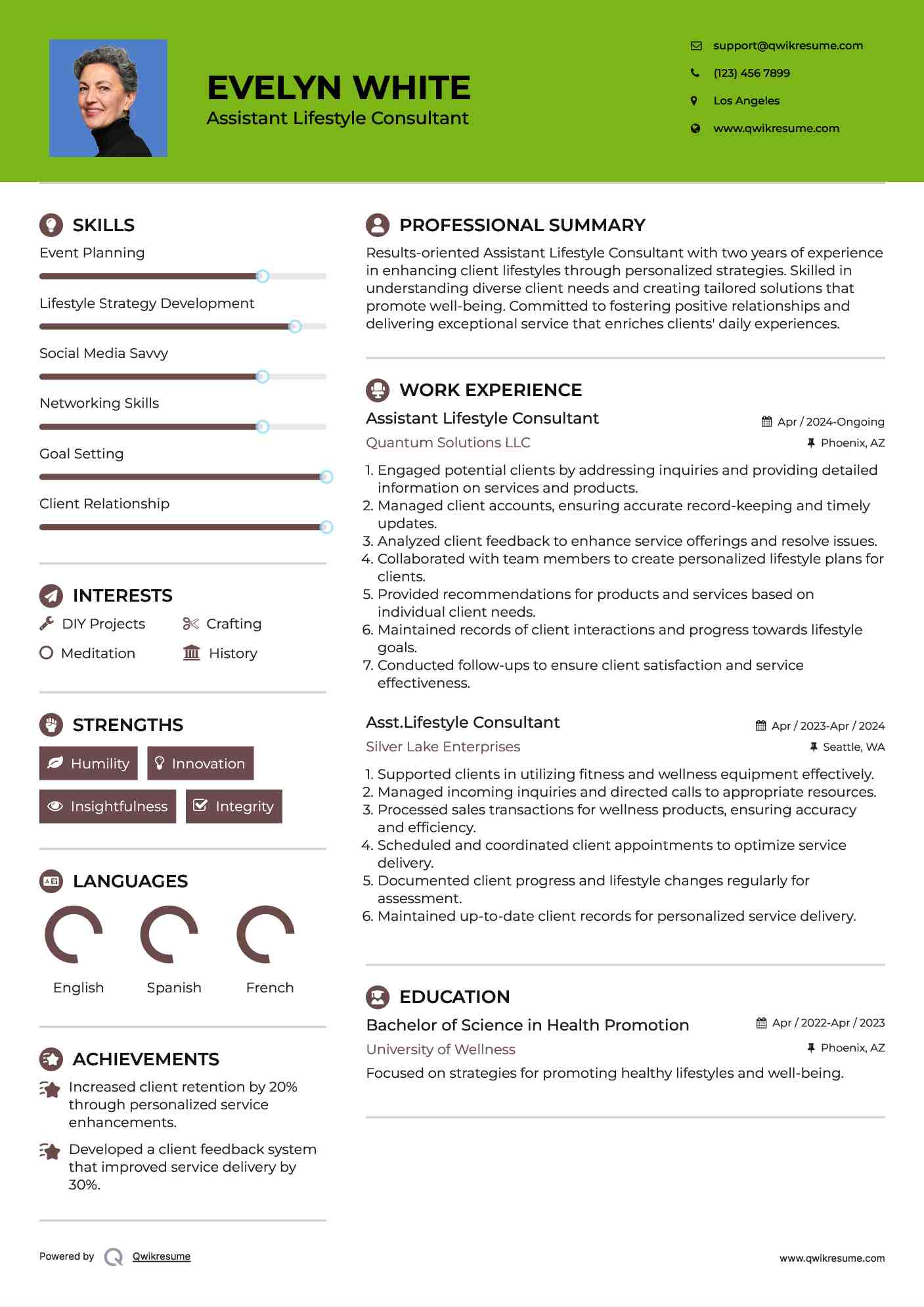Assistant Lifestyle Consultant Resume Sample