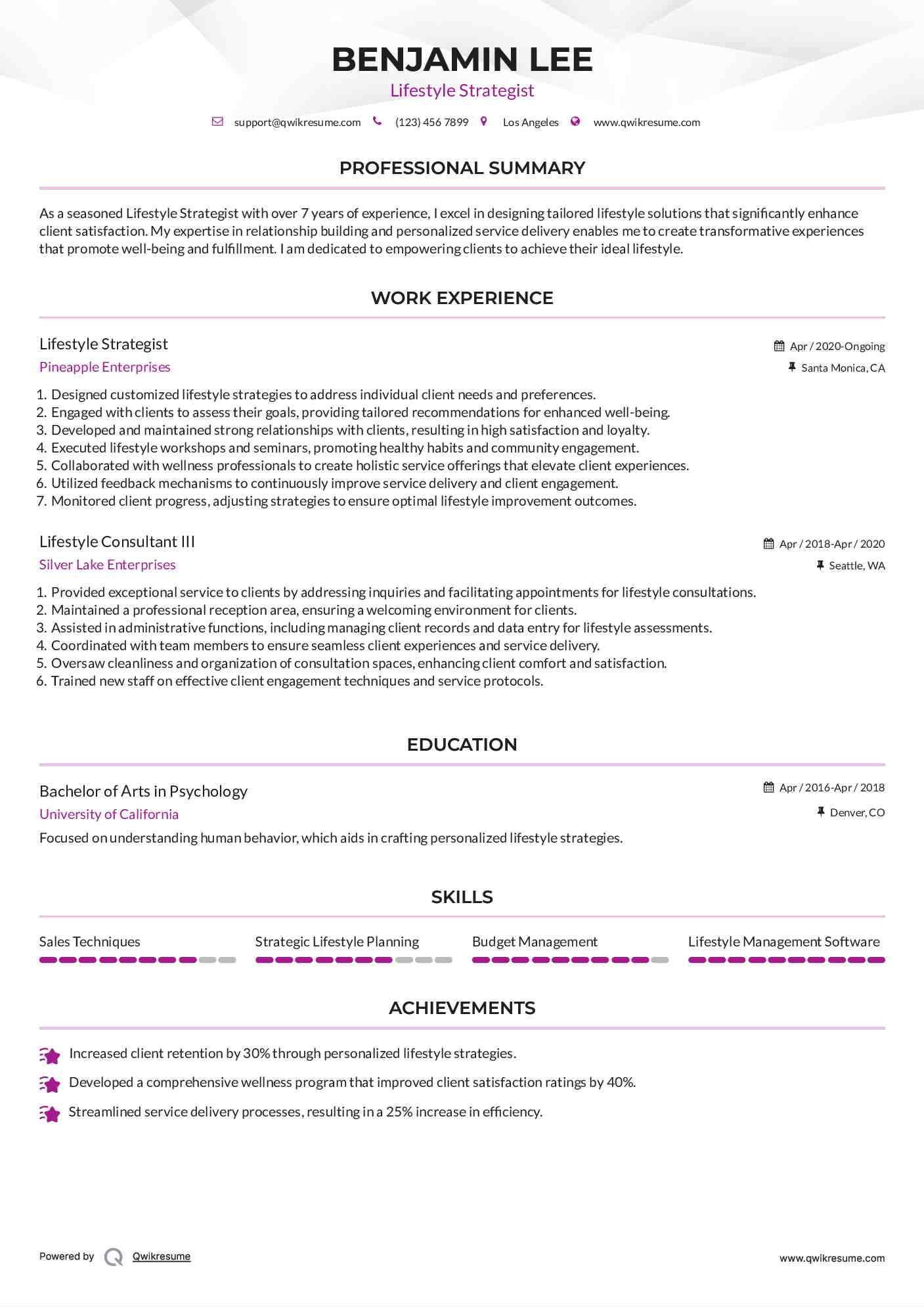 Lifestyle Strategist Resume Sample