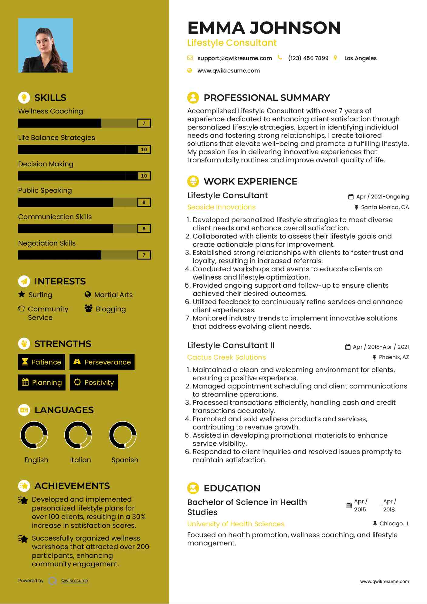 Lifestyle Consultant Resume Example