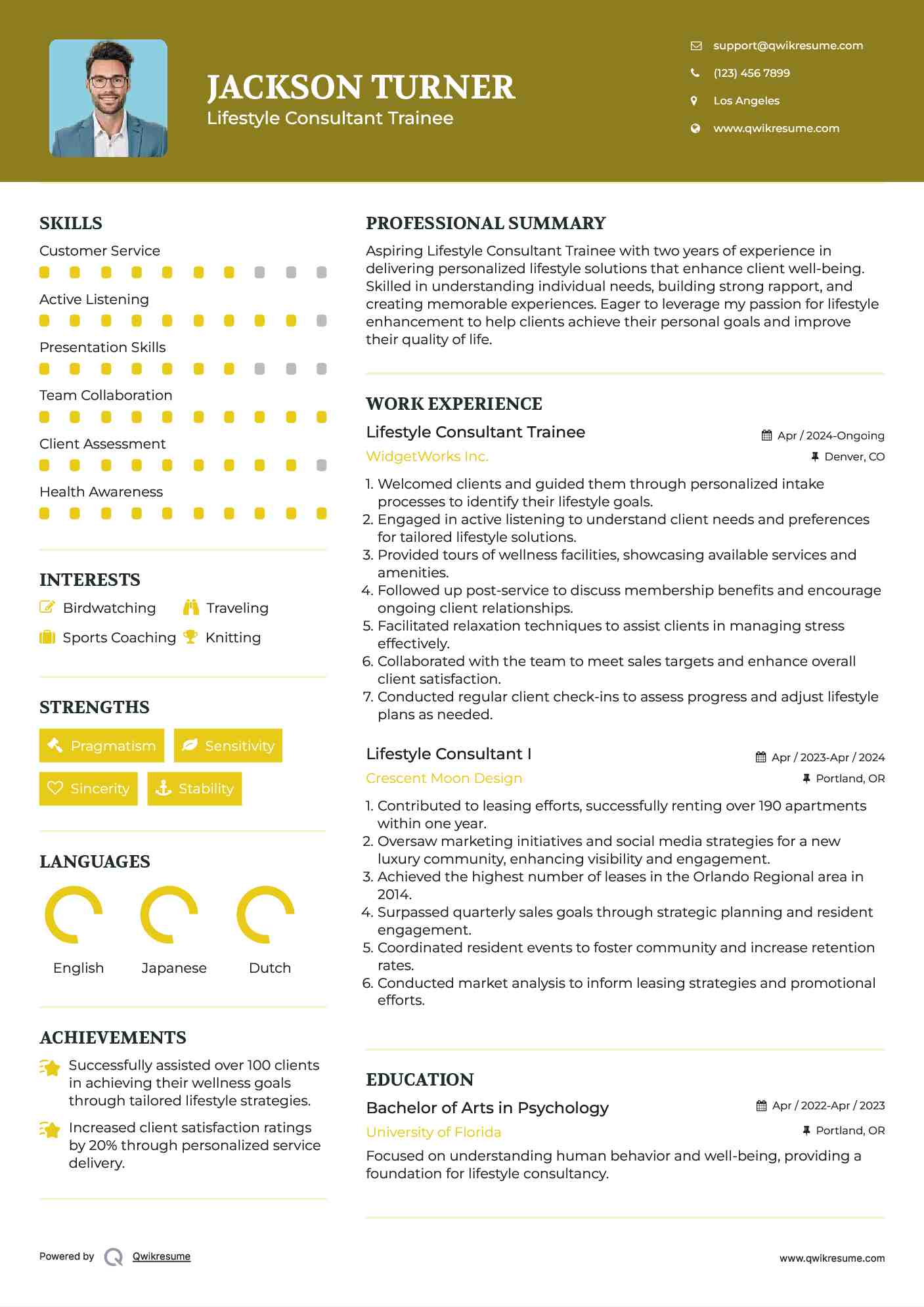 Lifestyle Consultant Trainee Resume Sample