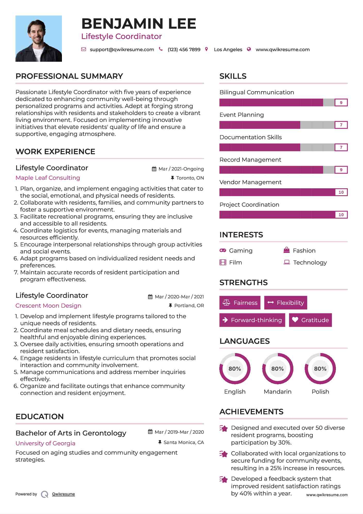 Lifestyle Coordinator Resume Template