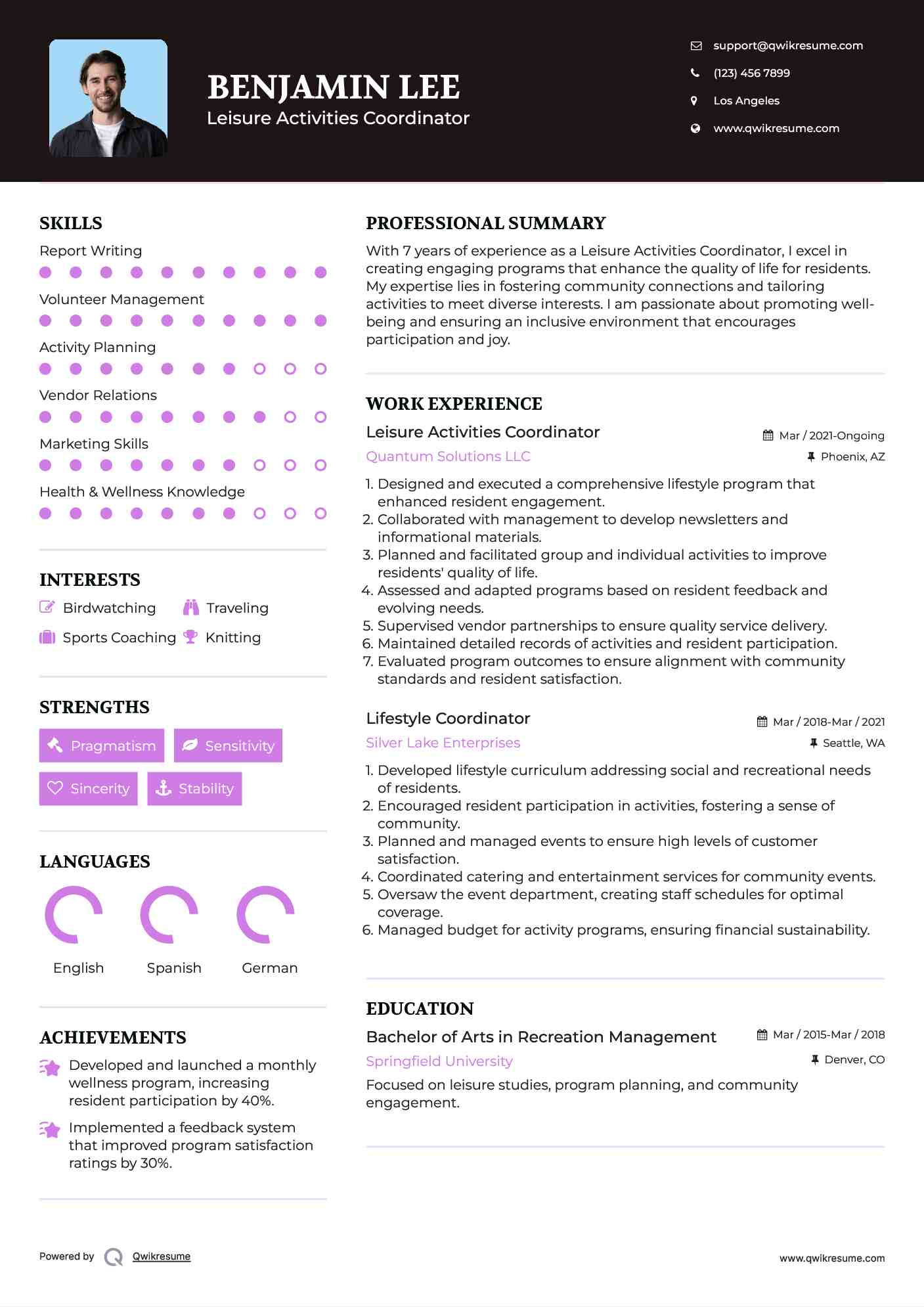 Leisure Activities Coordinator Resume Format