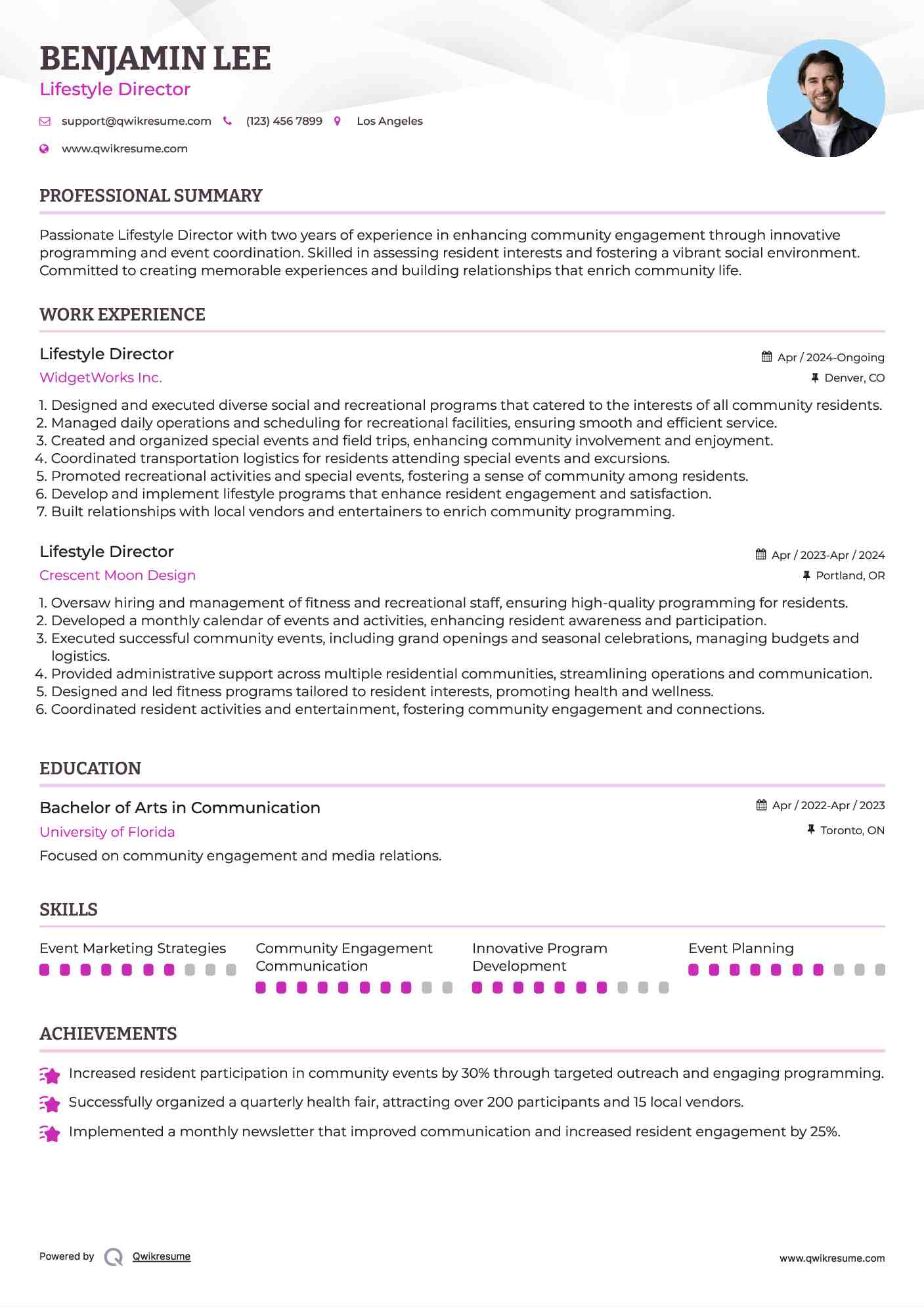 Lifestyle Director Resume Example