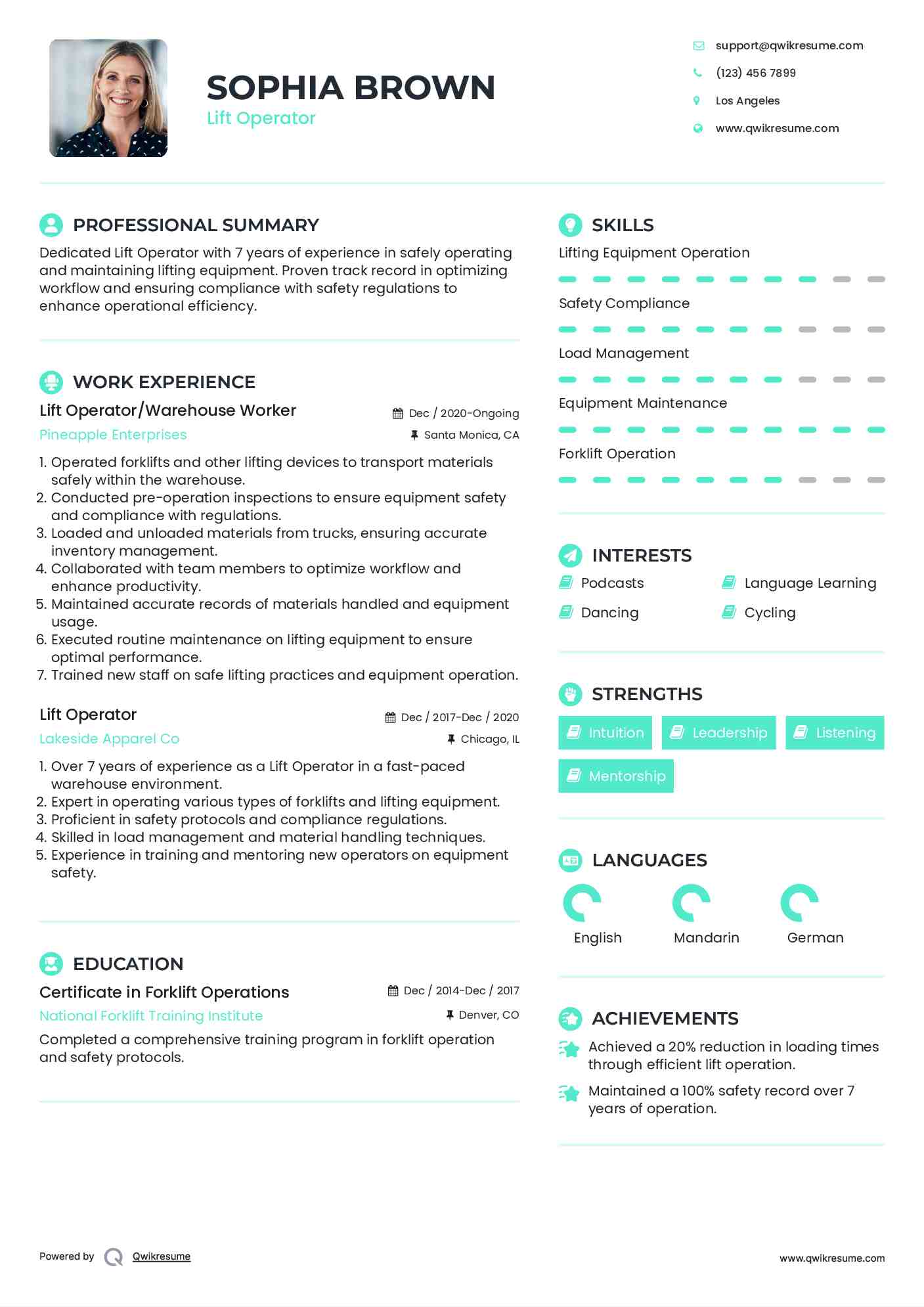 Lift Operator/Warehouse Worker Resume Model