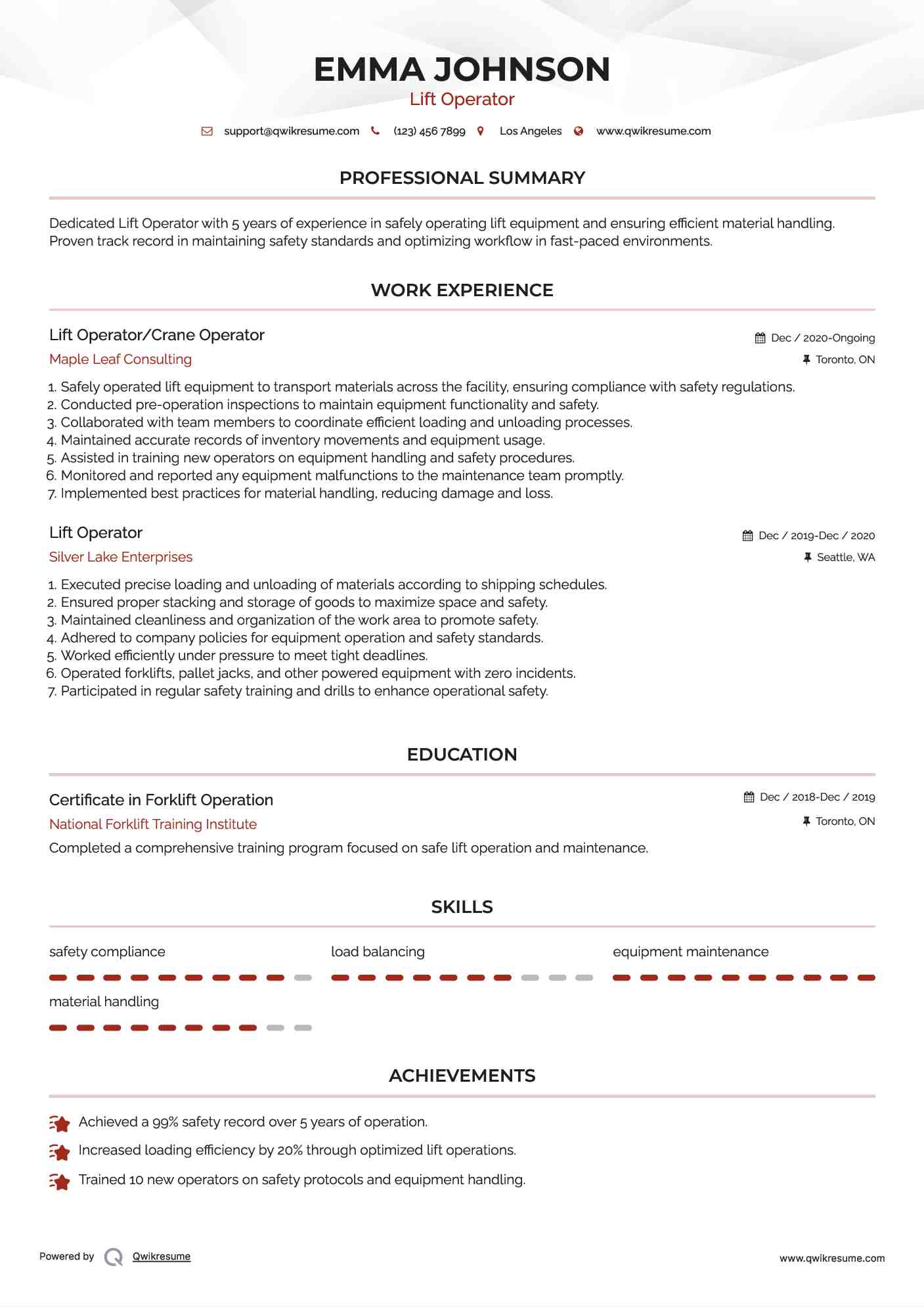 Lift Operator/Crane Operator Resume Format