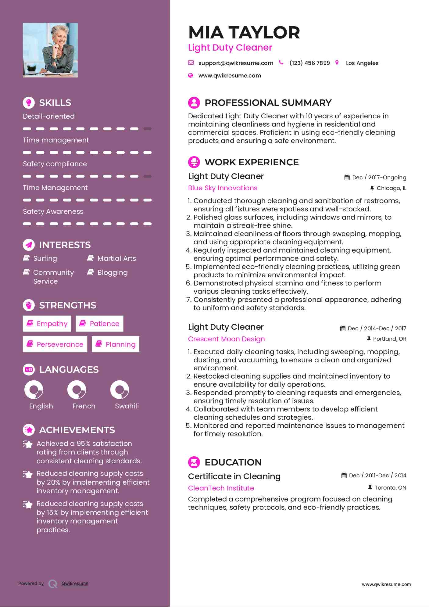 Light Duty Cleaner Resume Template