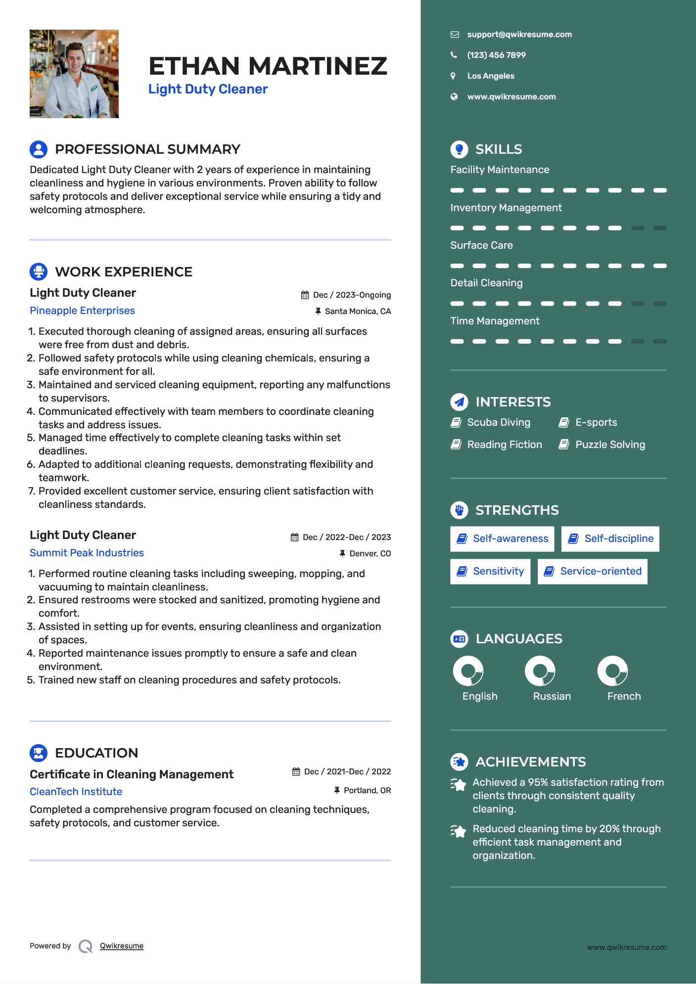Light Duty Cleaner Resume Model