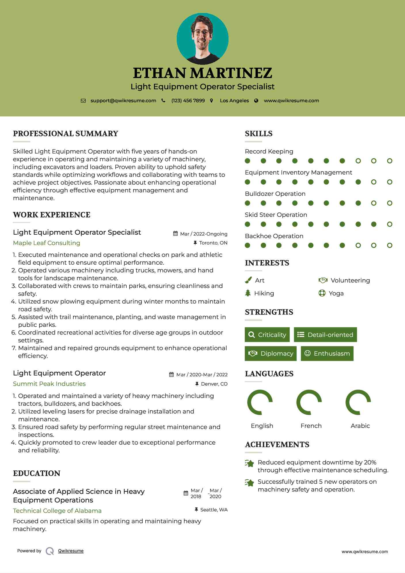 Light Equipment Operator Resume Samples QwikResume