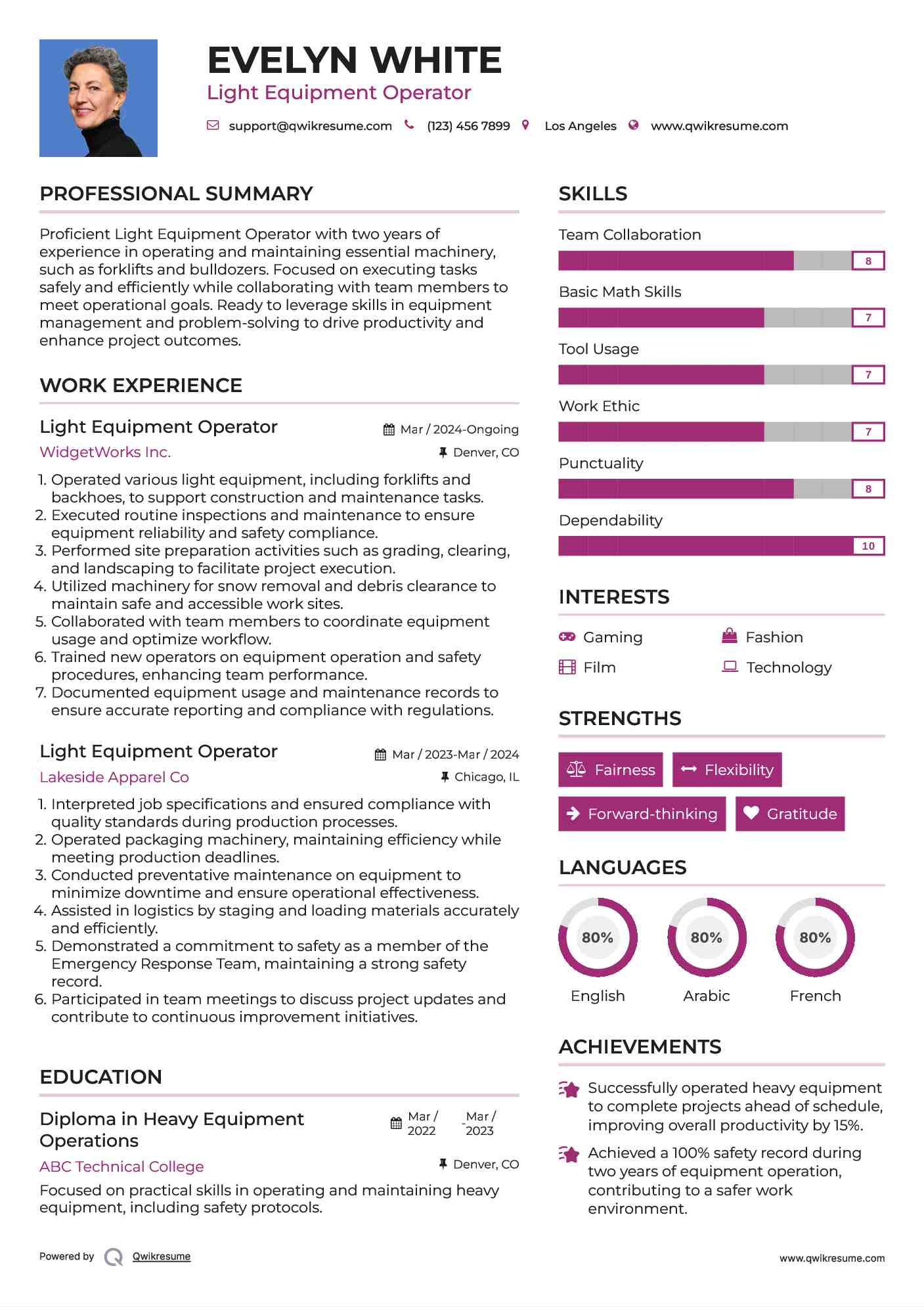 Light Equipment Operator Resume Samples QwikResume