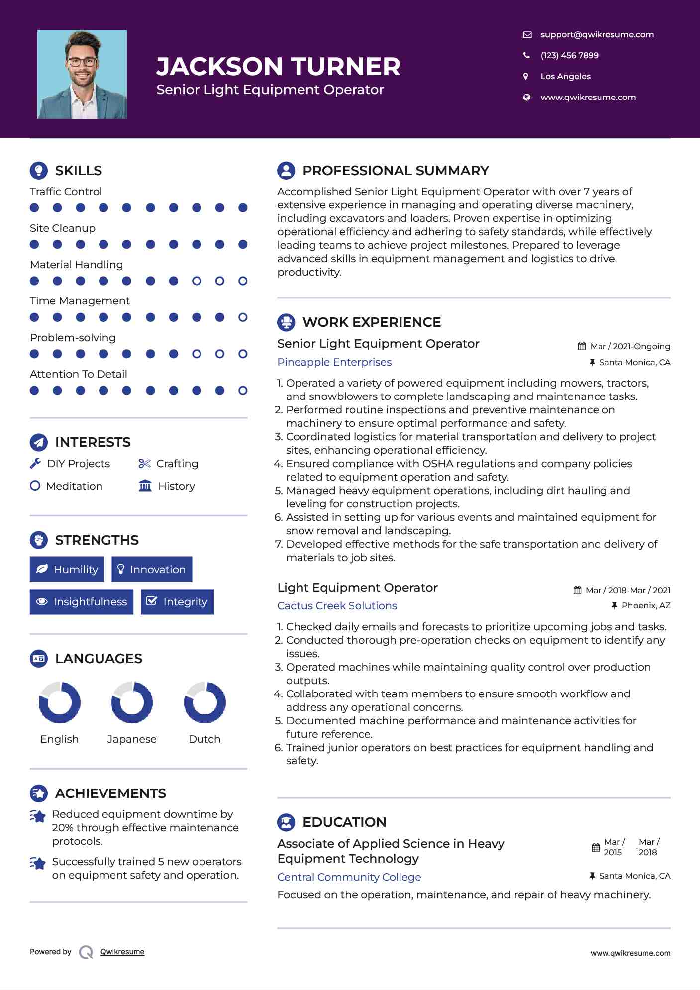 Senior Light Equipment Operator Resume Model