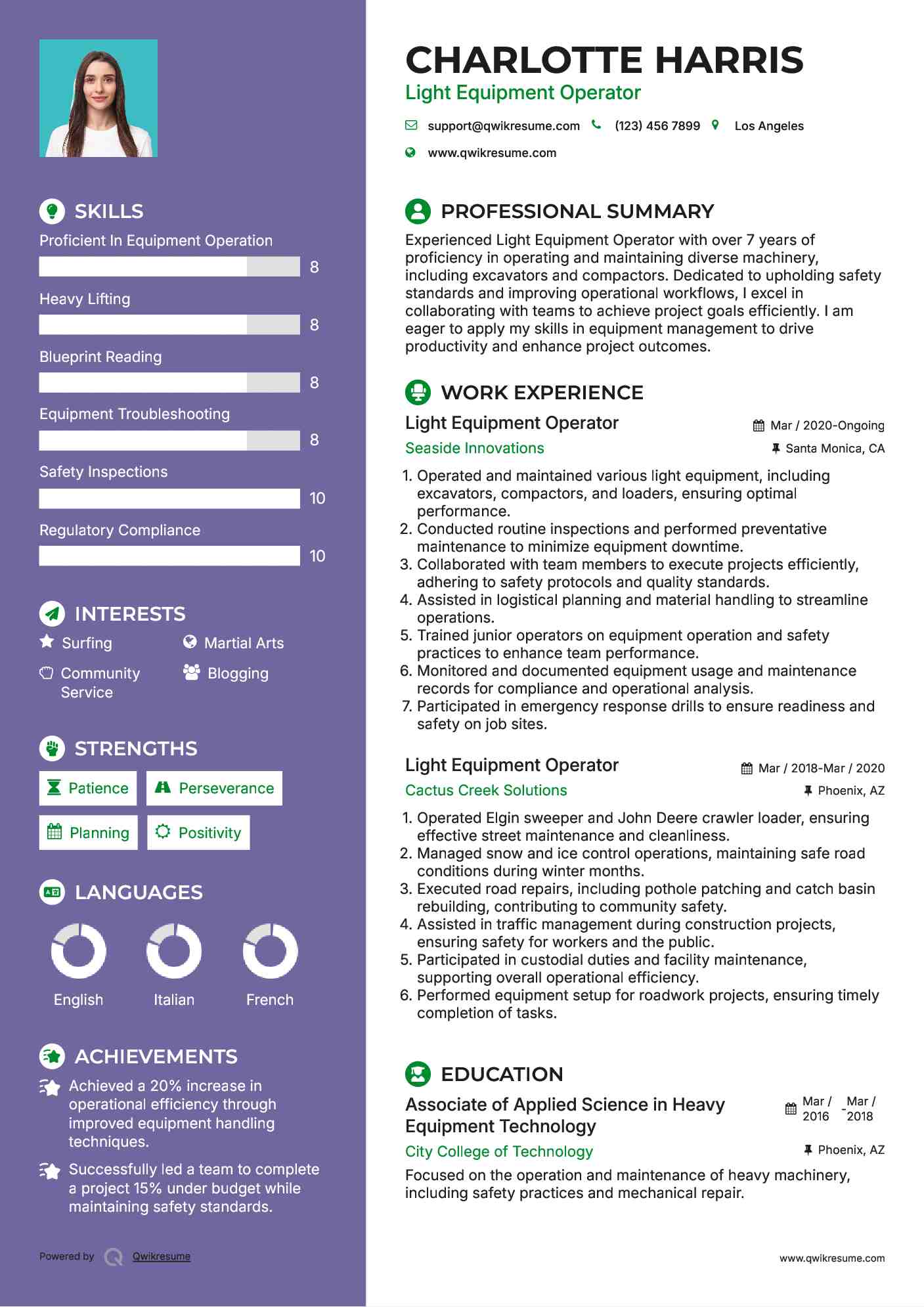 Light Equipment Operator Resume Samples QwikResume