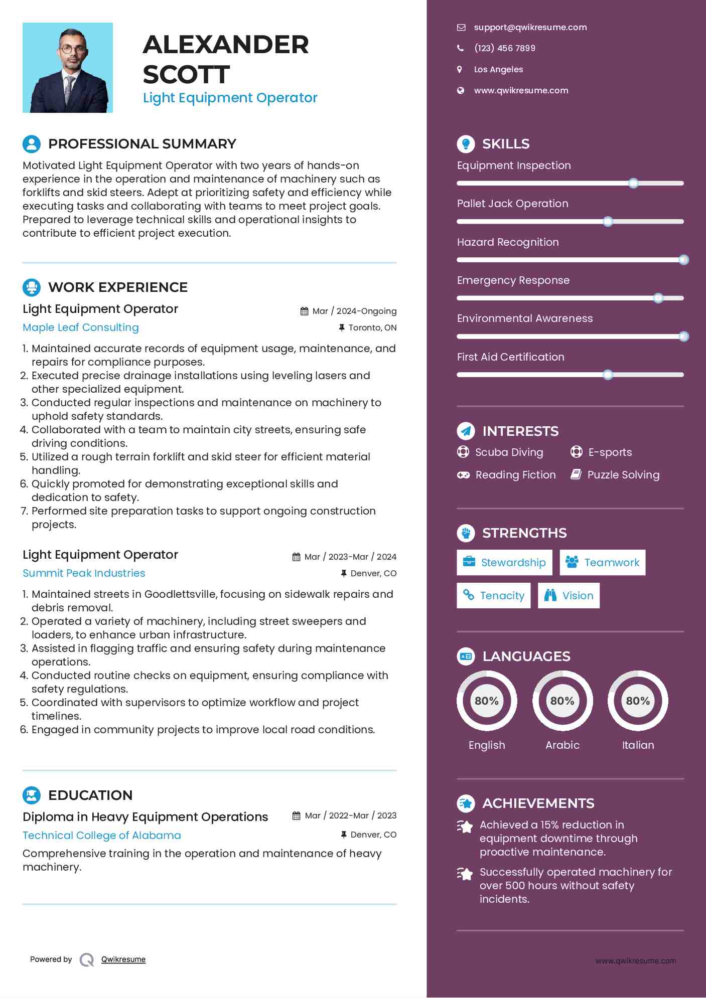 Light Equipment Operator Resume Samples QwikResume