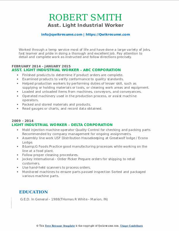 Light Industrial Worker Resume Samples QwikResume