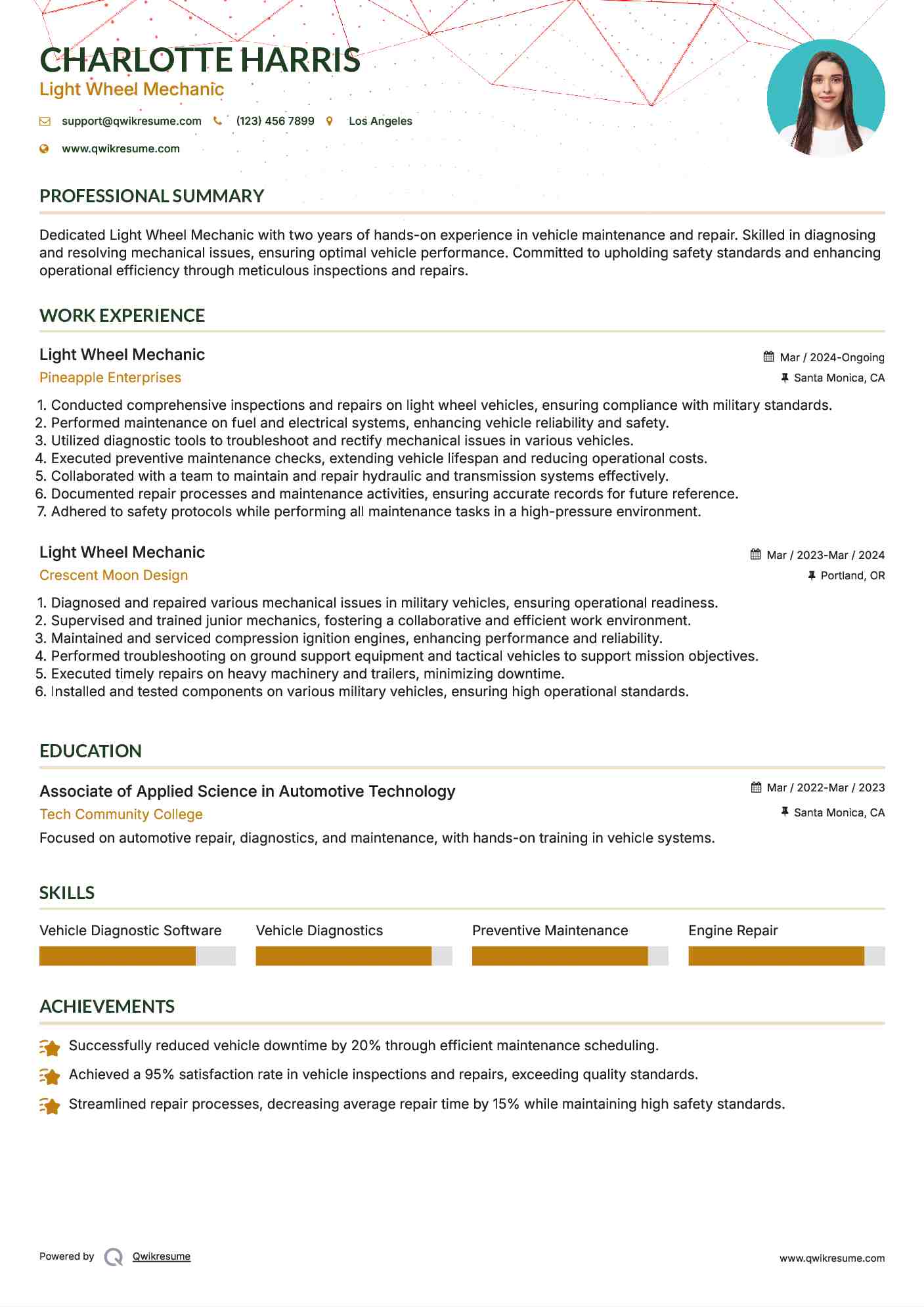 Light Wheel Mechanic Resume Example