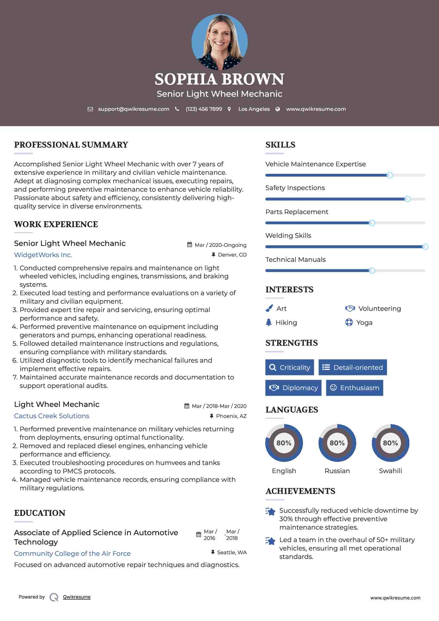 Senior Light Wheel Mechanic Resume Example