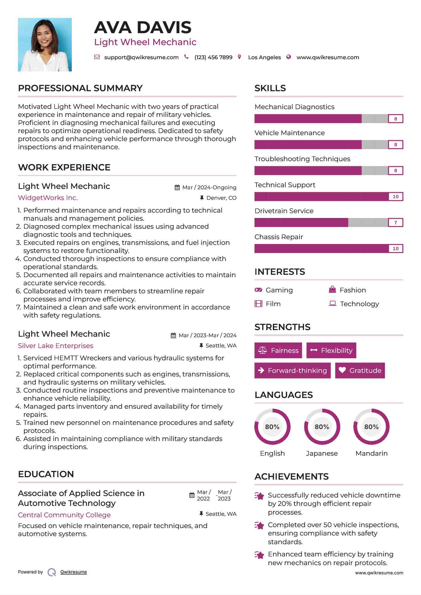 Light Wheel Mechanic Resume Example