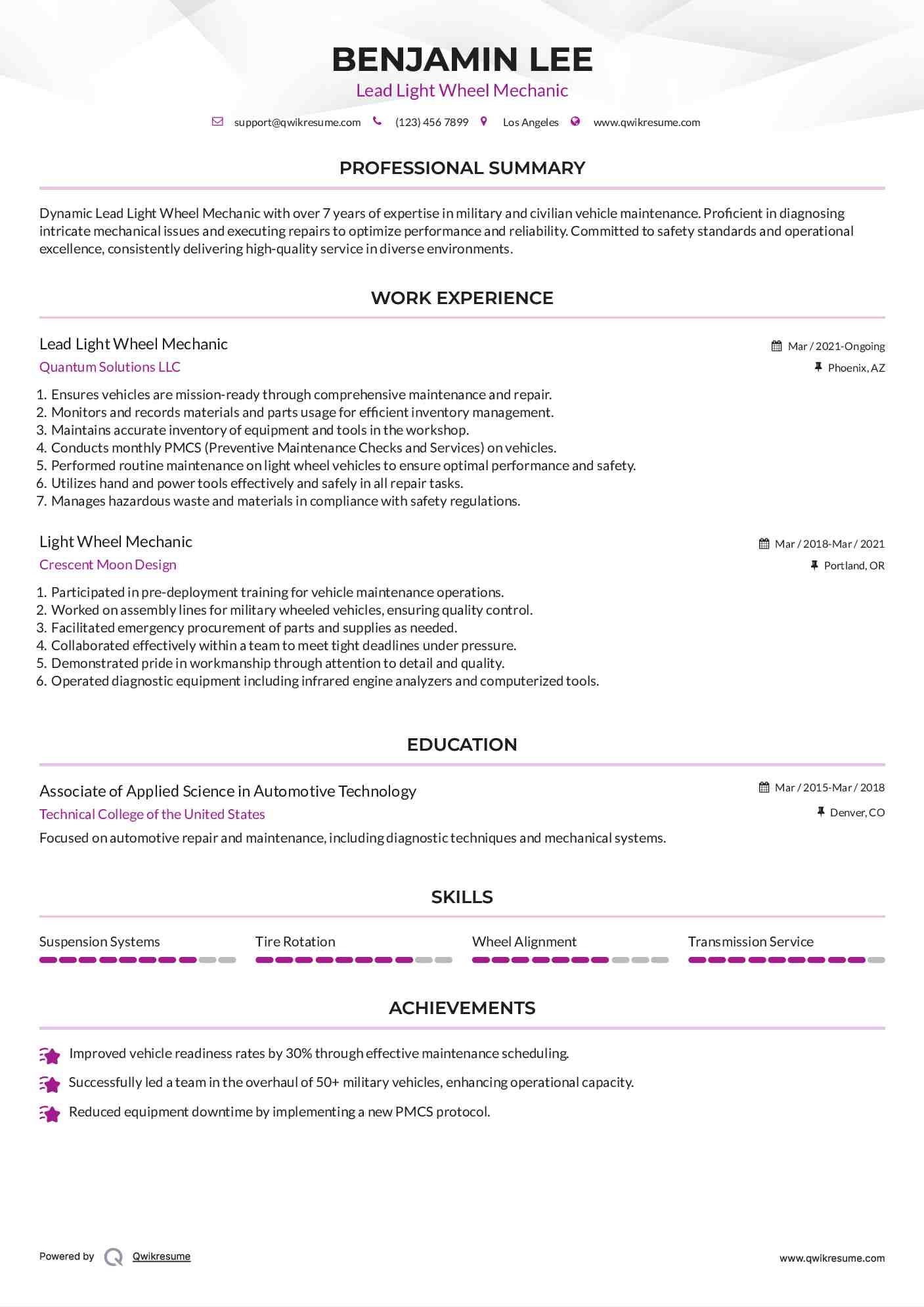 Lead Light Wheel Mechanic Resume Sample
