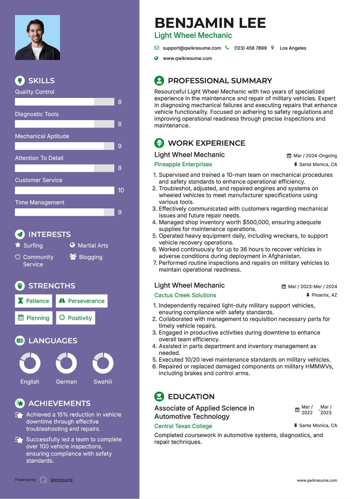 Light Wheel Mechanic Resume Format