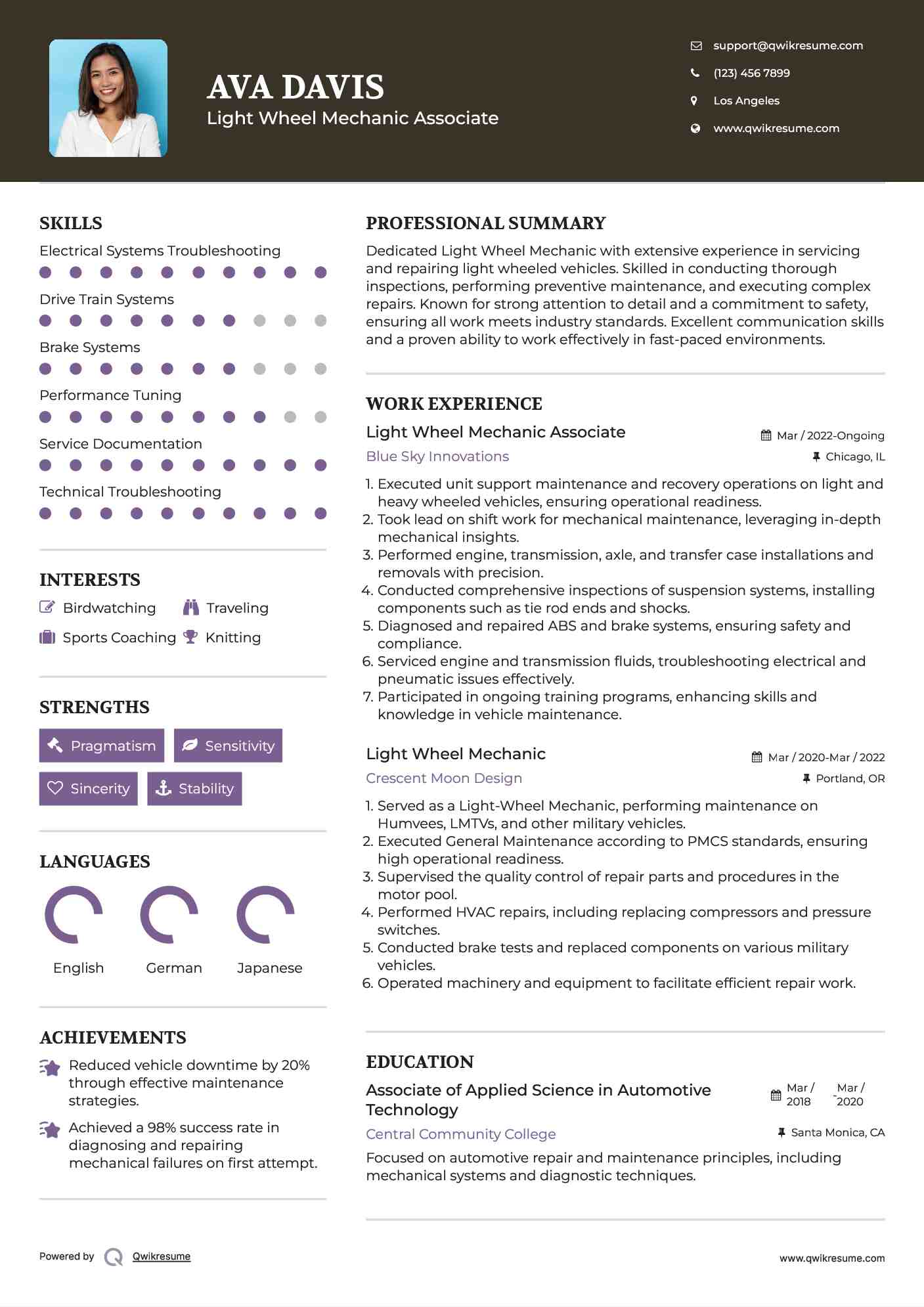 Light Wheel Mechanic Associate Resume Model