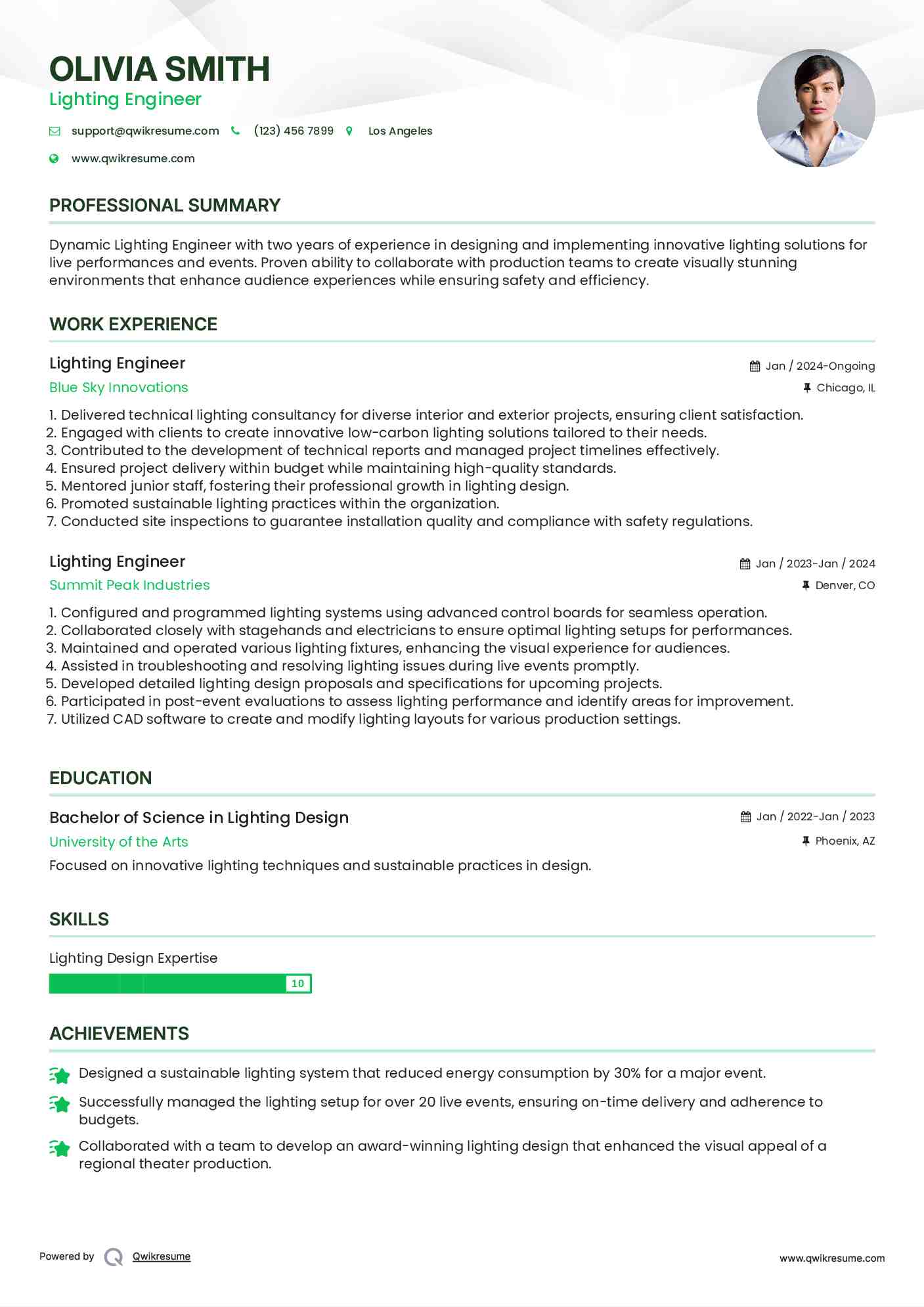 Lighting Engineer Resume Samples QwikResume
