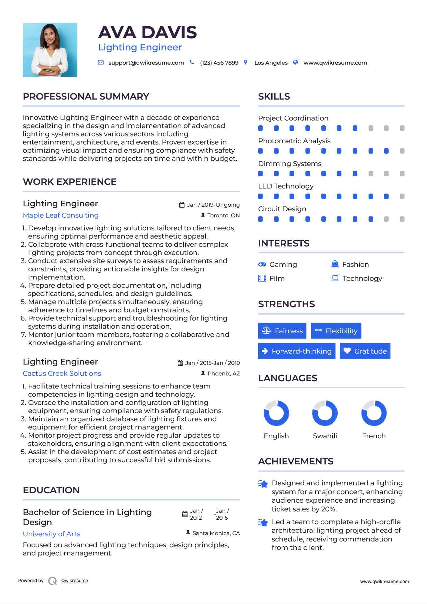 Lighting Engineer Resume Samples QwikResume