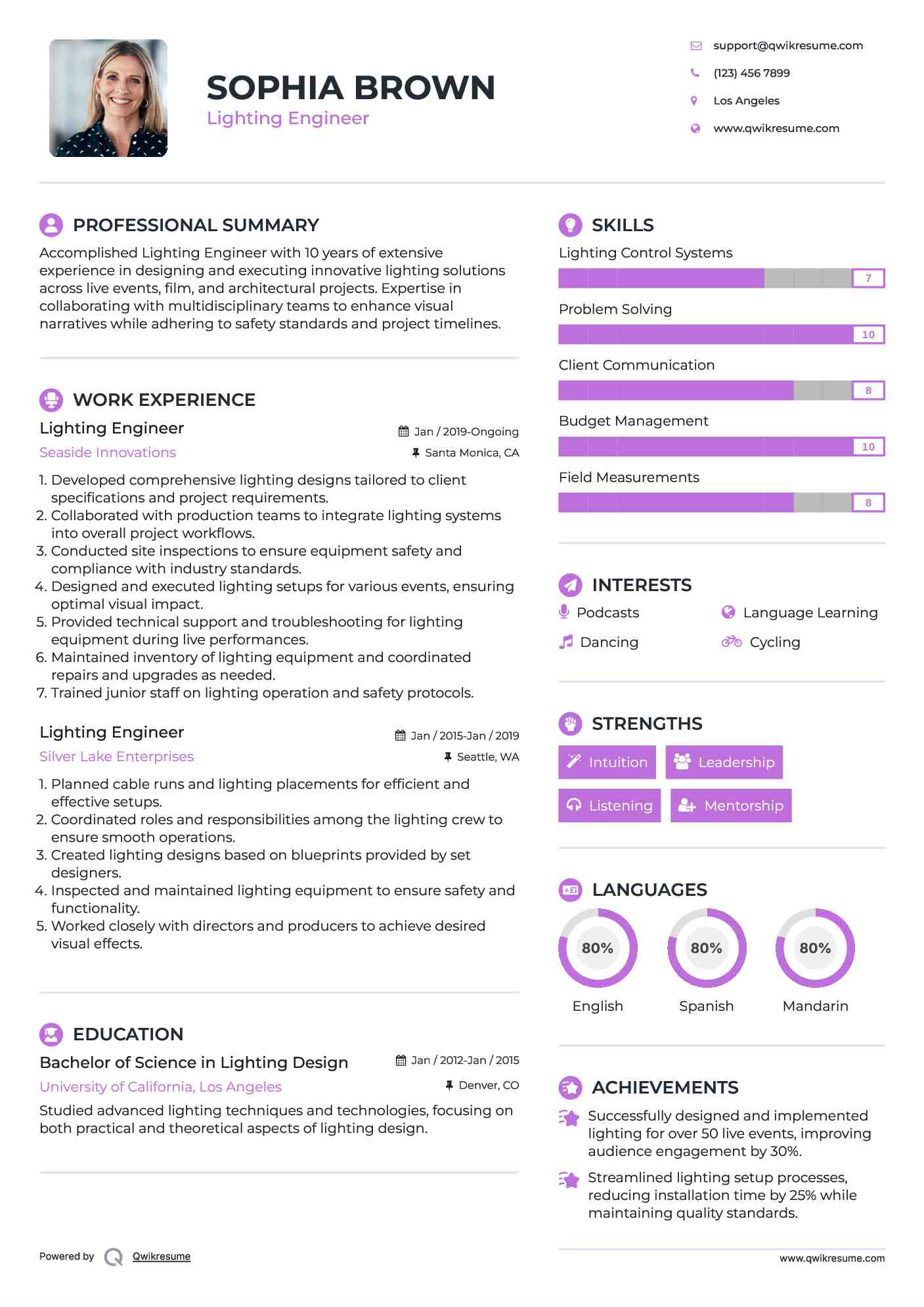 Lighting Engineer Resume Samples QwikResume