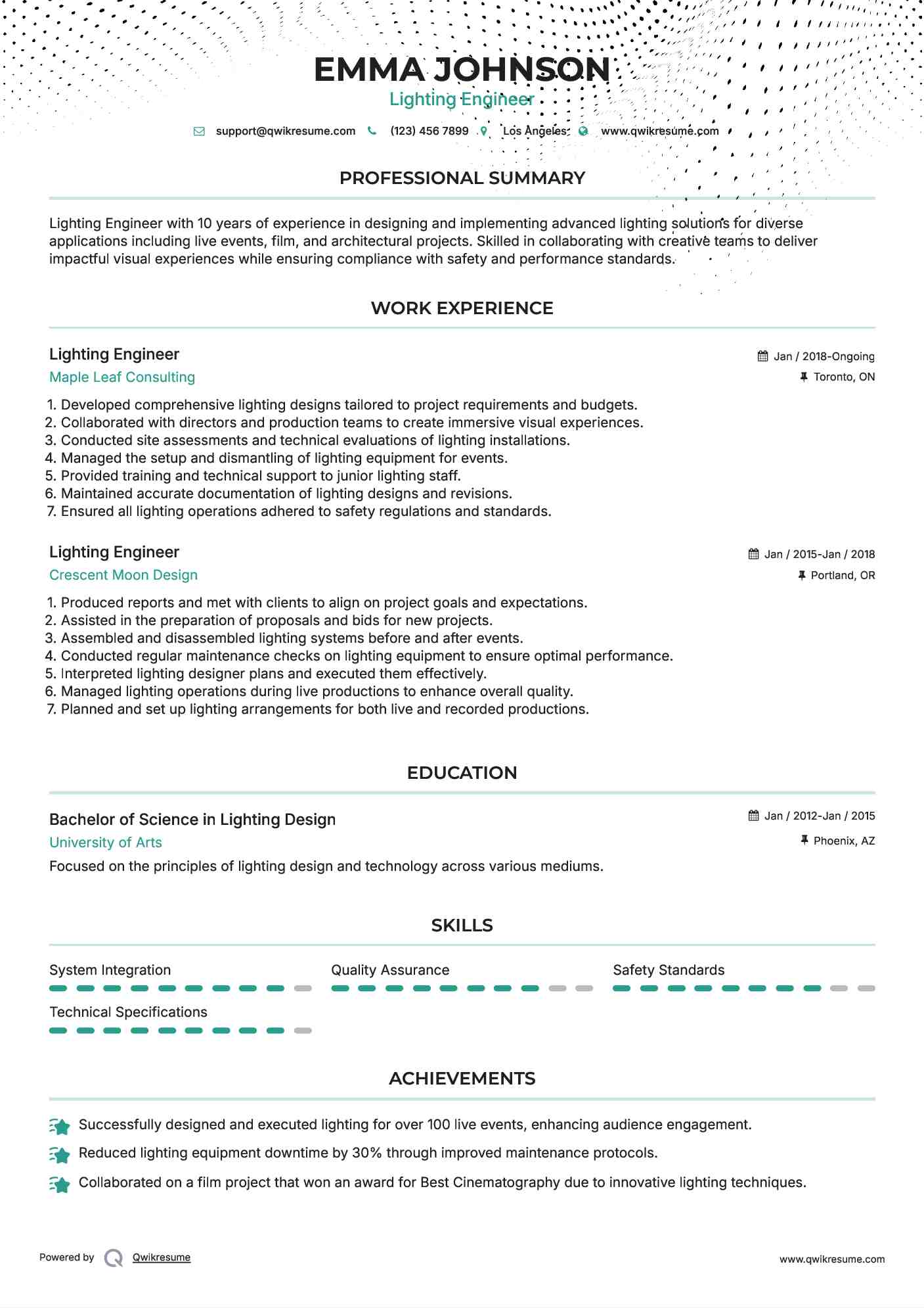 Lighting Engineer Resume Samples QwikResume
