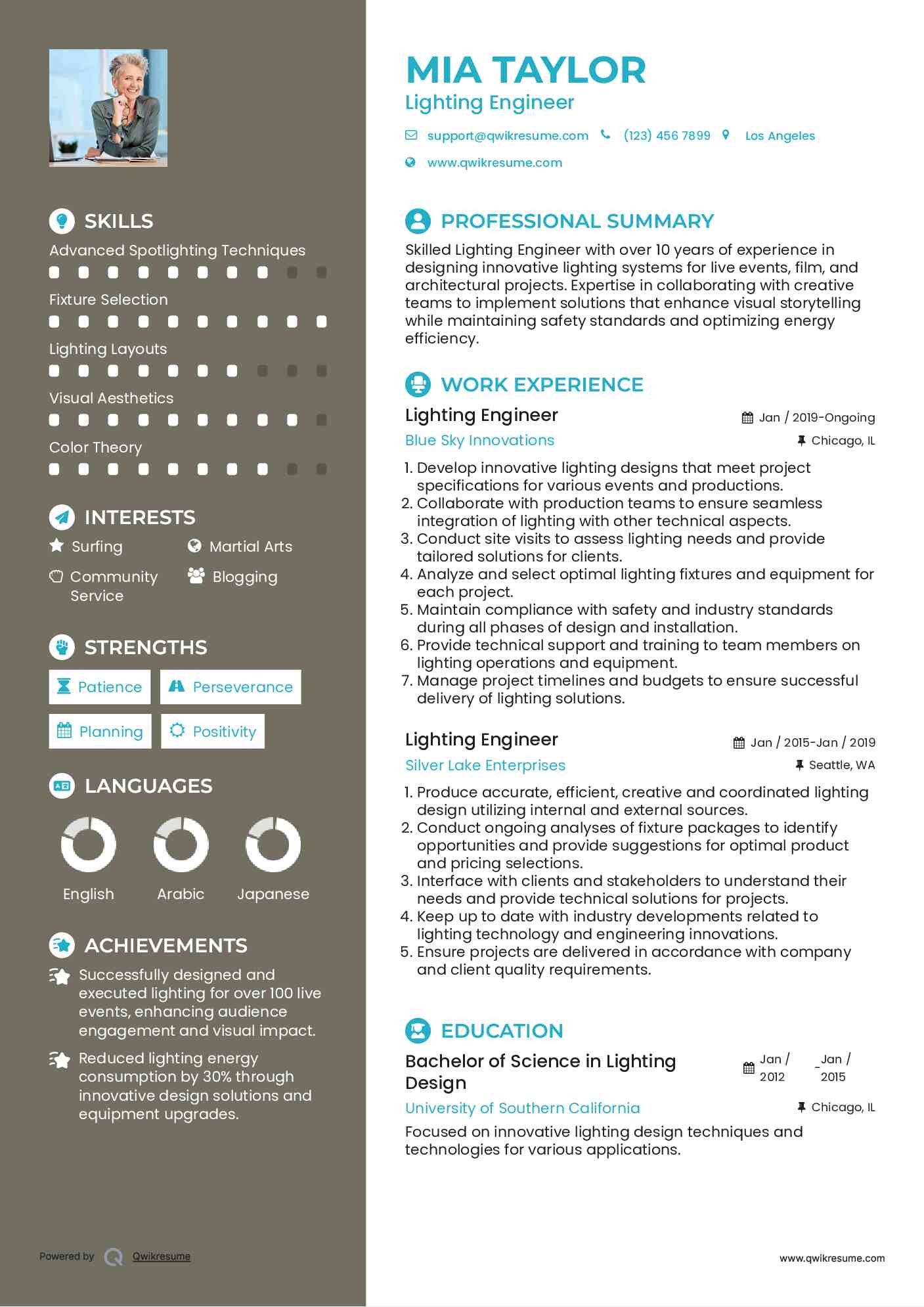 Lighting Engineer Resume Samples QwikResume