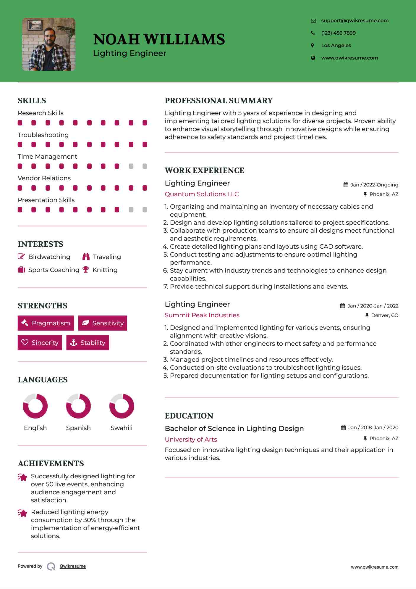 Lighting Engineer Resume Example