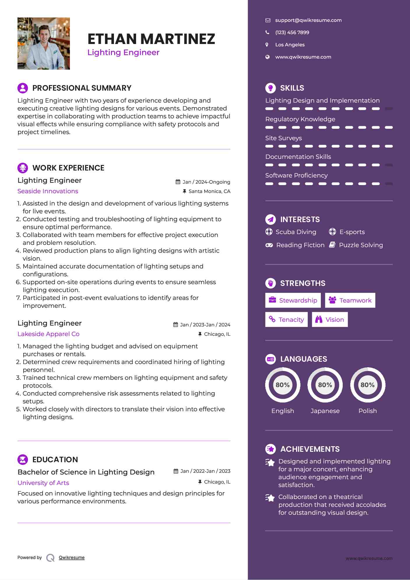 Lighting Engineer Resume Samples QwikResume