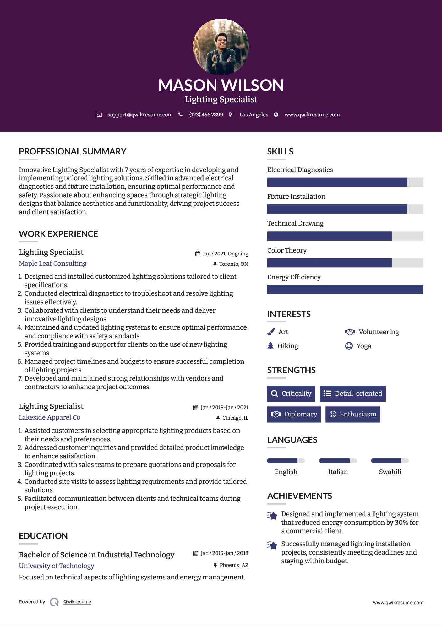 Lighting Specialist Resume Samples QwikResume