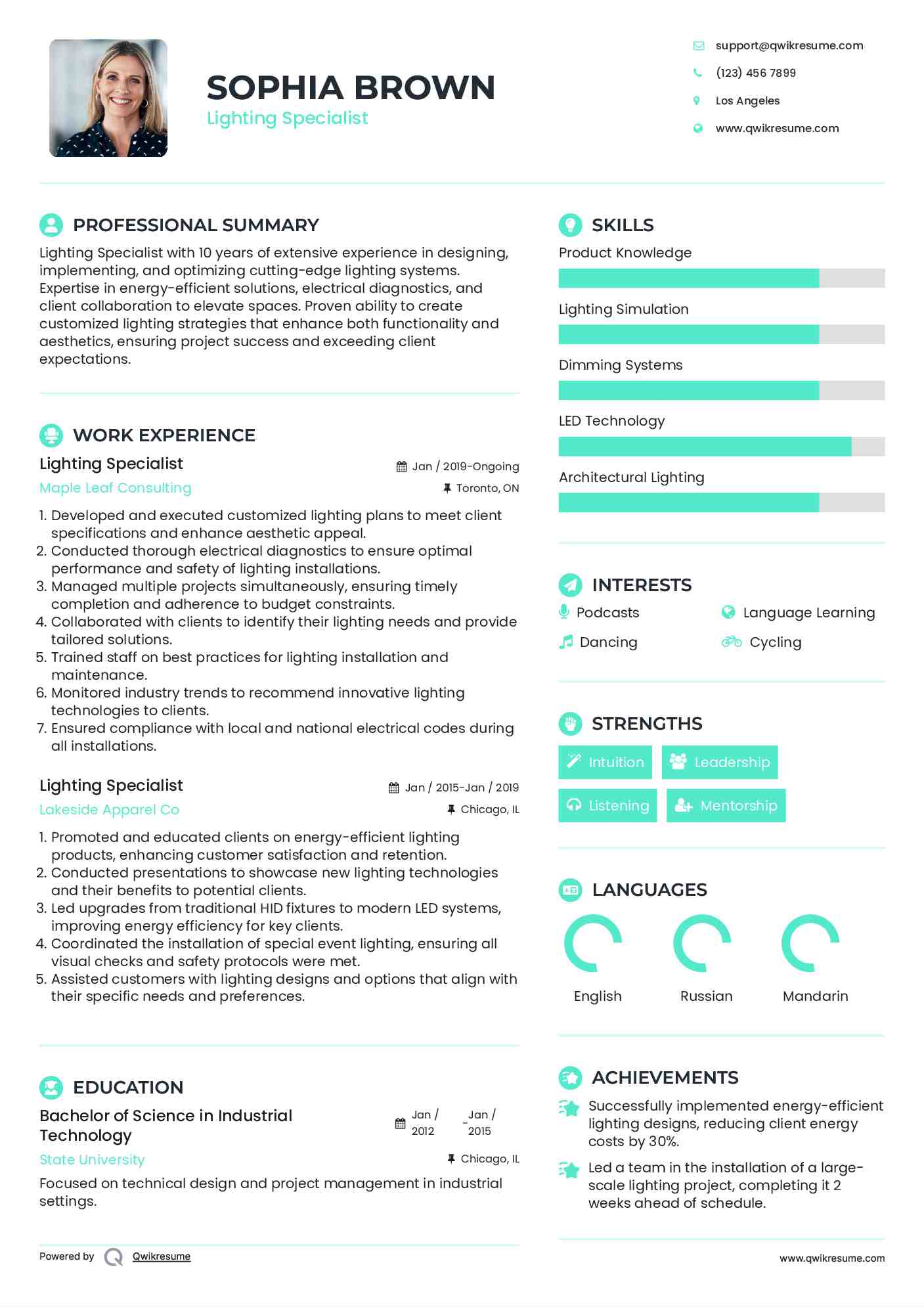 Lighting Specialist Resume Samples QwikResume